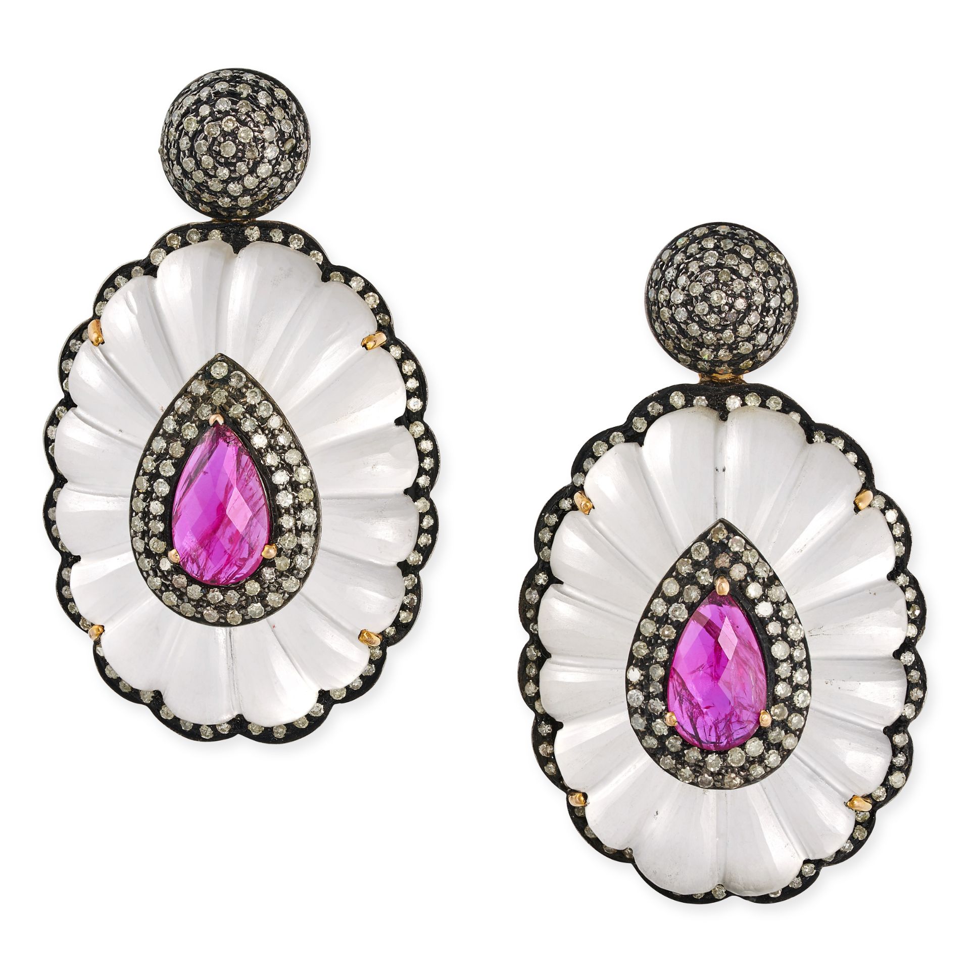 A PAIR OF ROCK CRYSTAL, RUBELITE TOURMALINE, AND DIAMOND EARRINGS in 14 carat yellow and blackene...