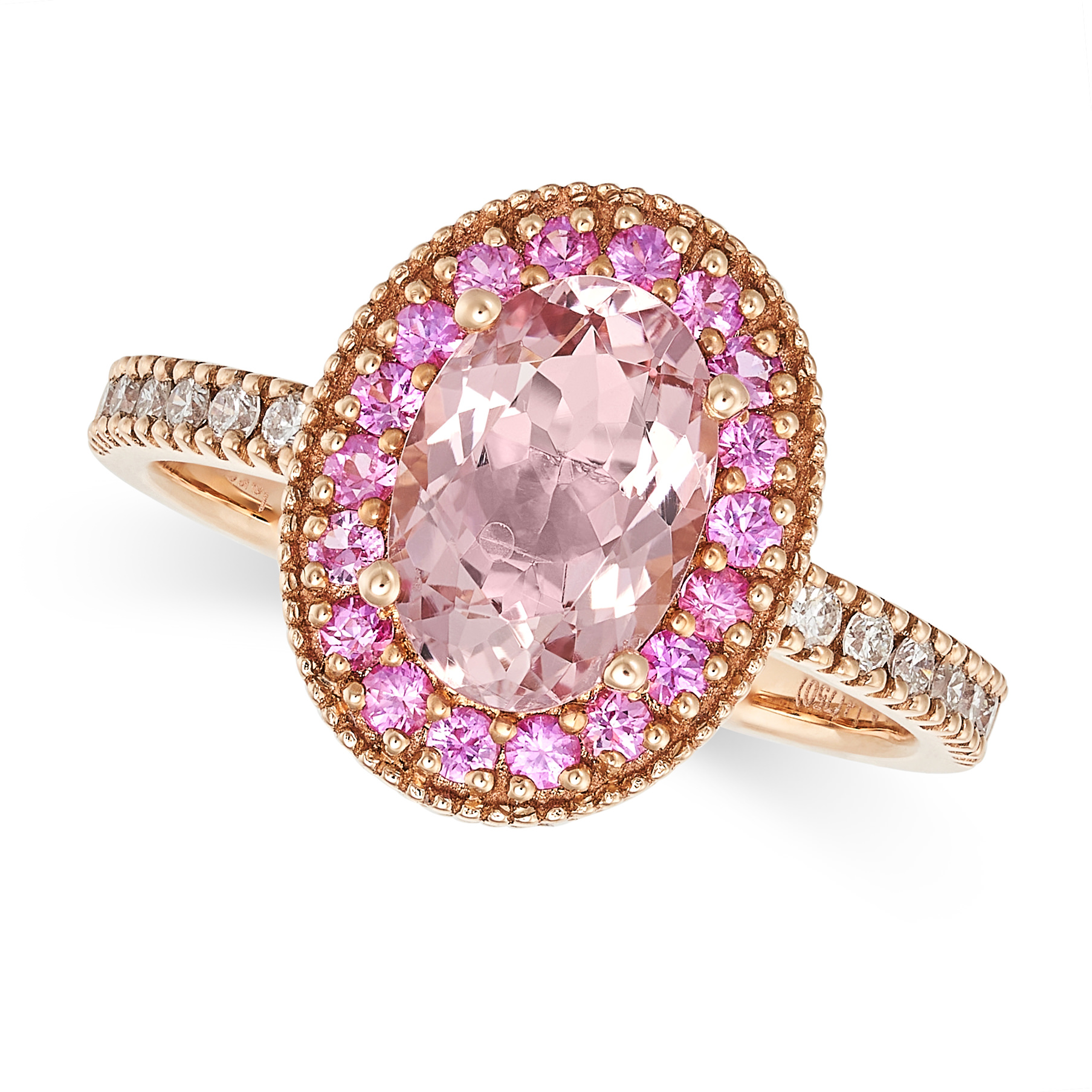 A MORGANITE, PINK SAPPHIRE AND DIAMOND DRESS RING in 18ct rose gold, set with an oval cut morgani... - Image 3 of 4