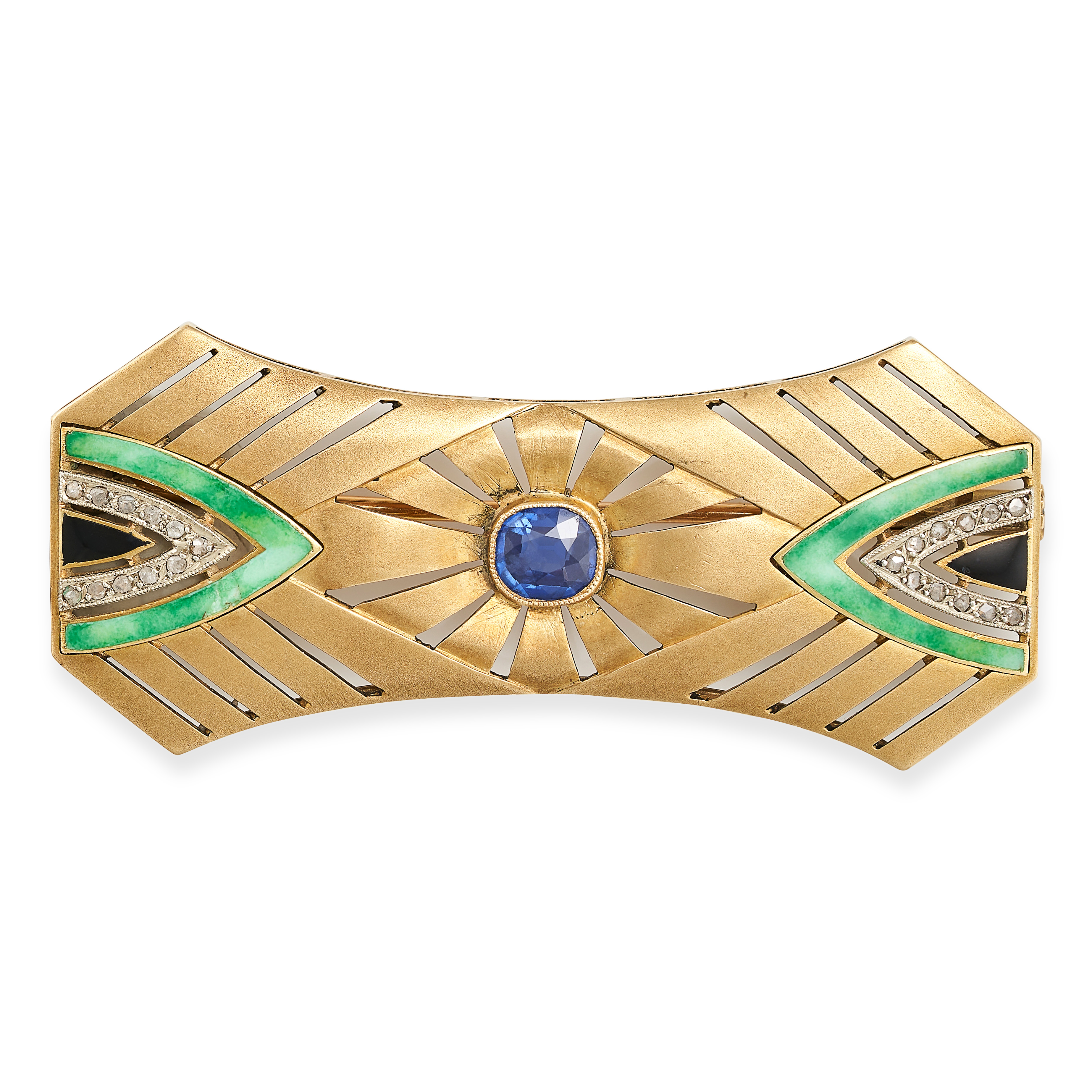 A FRENCH ART DECO SAPPHIRE, JADEITE JADE, DIAMOND AND ENAMEL BROOCH in 18ct yellow gold, the open...