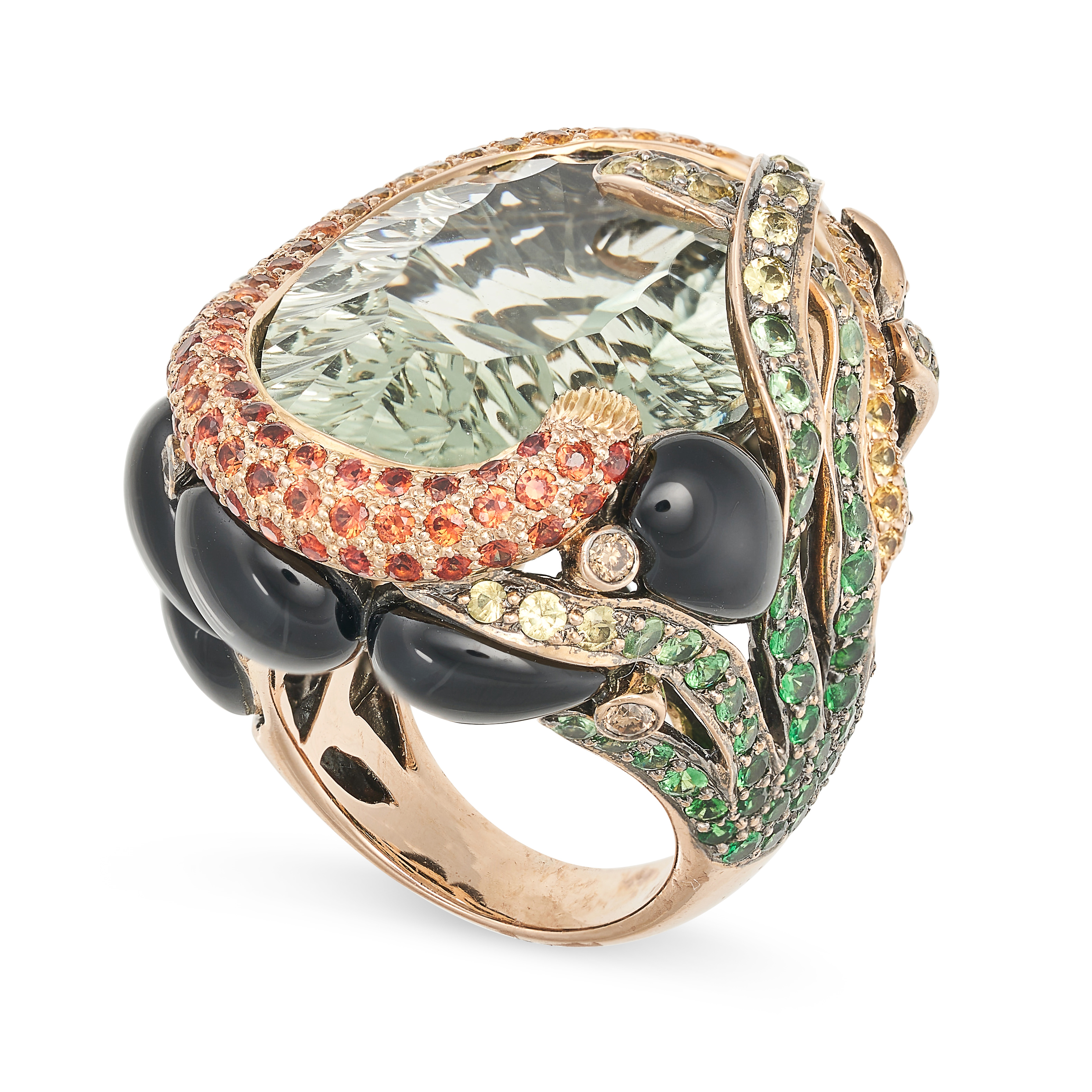 A PRASIOLITE, ONYX, GARNET AND DIAMOND COCKTAIL RING in 18ct rose gold, set with an oval fancy mi... - Image 2 of 3
