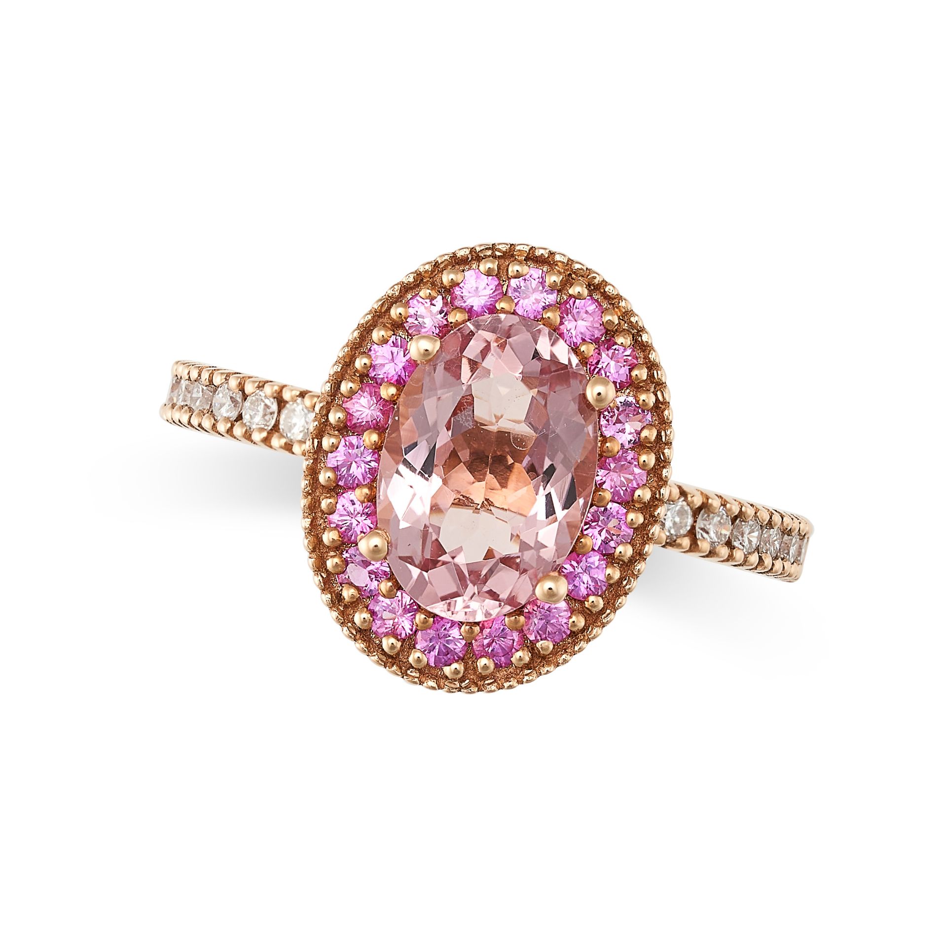 A MORGANITE, PINK SAPPHIRE AND DIAMOND DRESS RING in 18ct rose gold, set with an oval cut morgani...