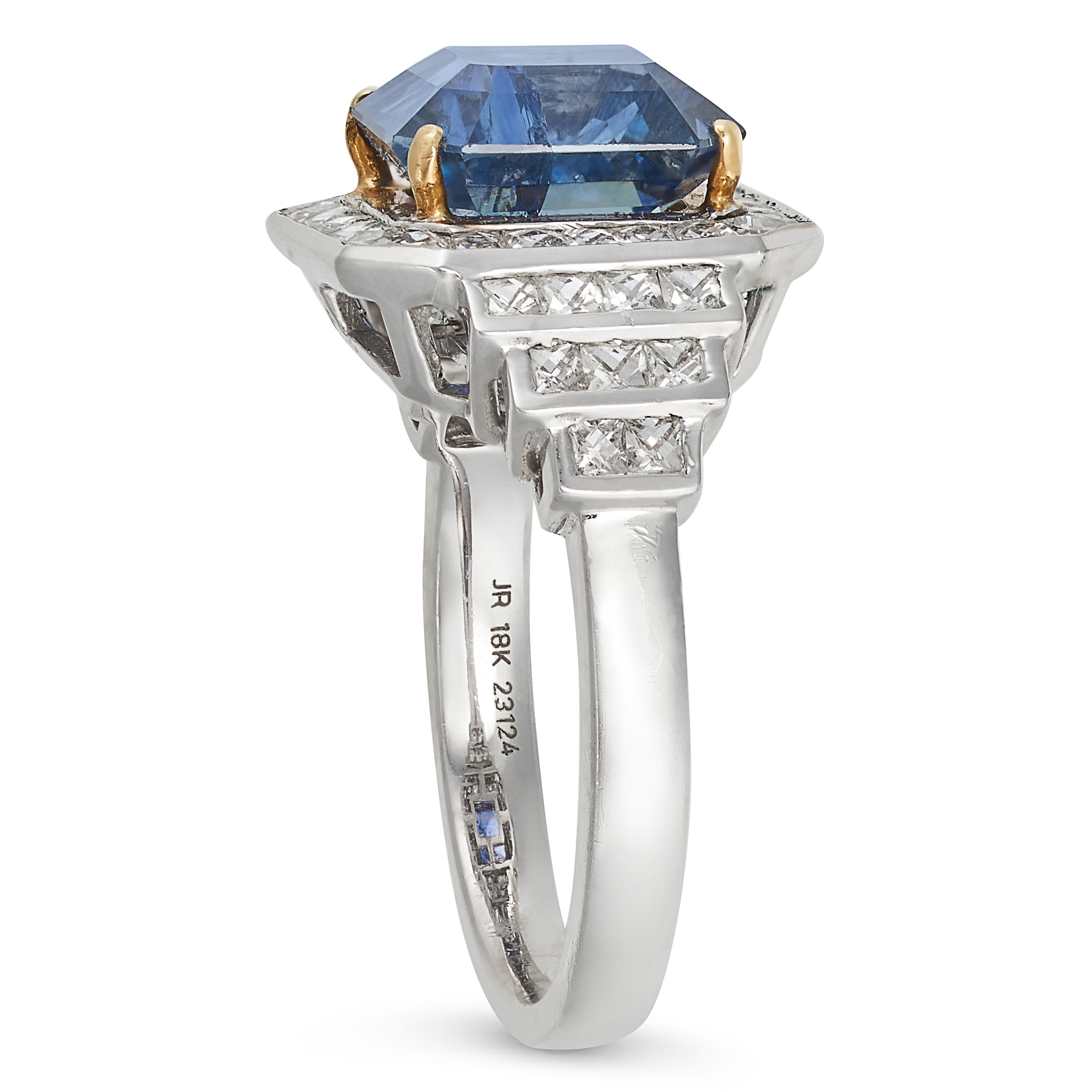 AN UNHEATED SAPPHIRE AND DIAMOND CLUSTER RING in 18ct white gold, set with an octagonal step cut ... - Image 2 of 2