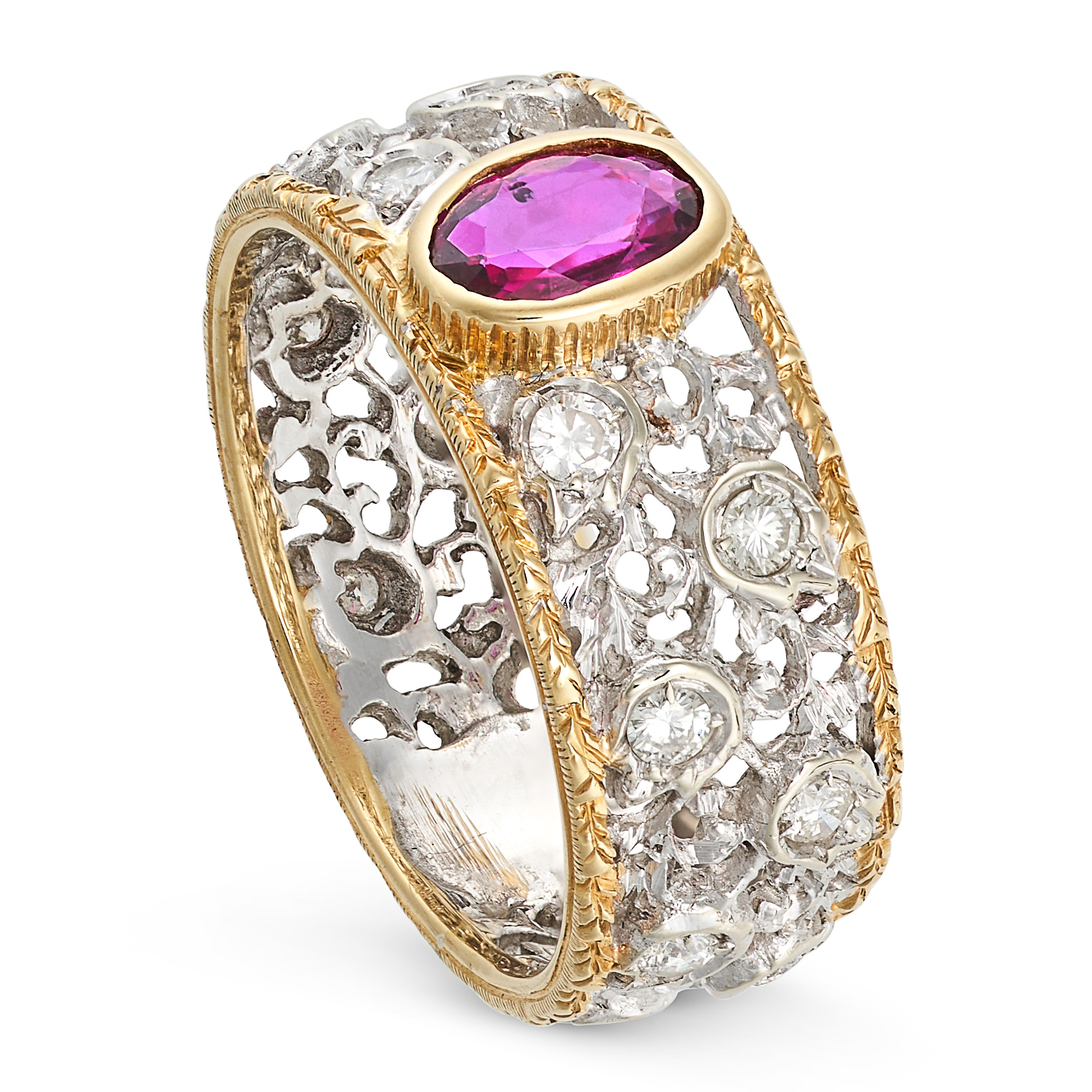 A VINTAGE RUBY AND DIAMOND DRESS RING in 18ct yellow and white gold, in the manner of Buccellati,... - Image 2 of 2
