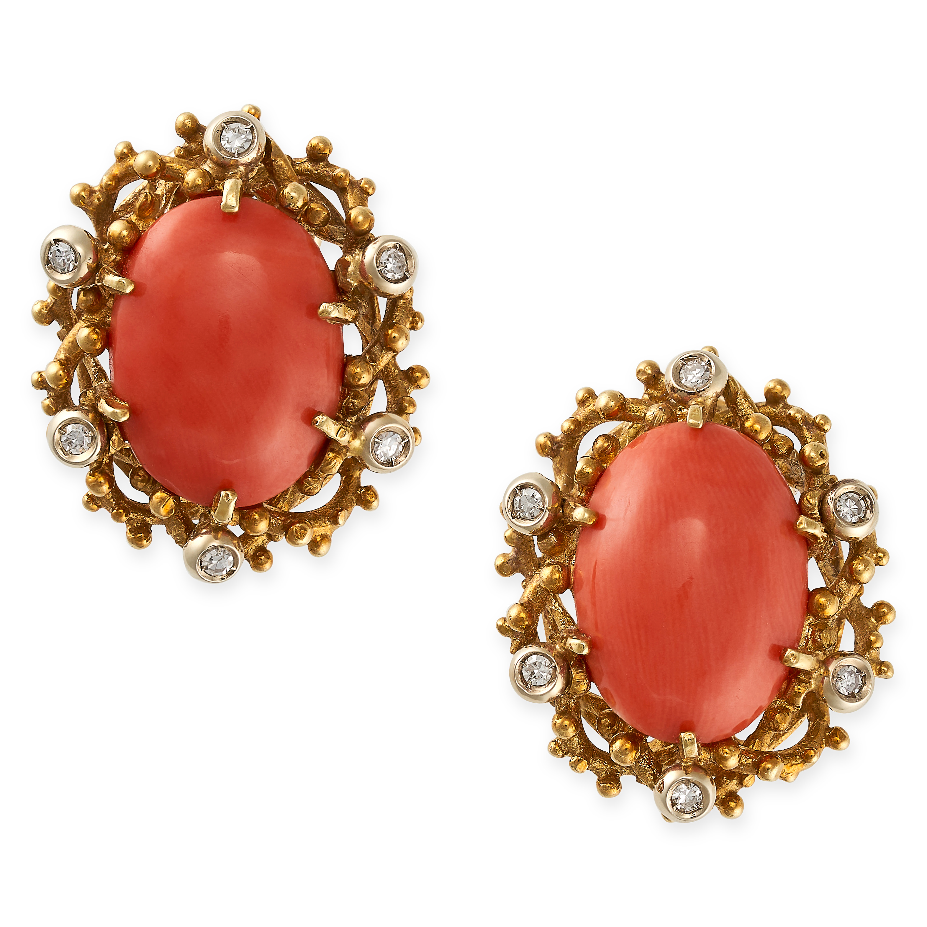 A PAIR OF VINTAGE CORAL AND DIAMOND CLIP EARRINGS in yellow gold, each set with an oval cabochon ...