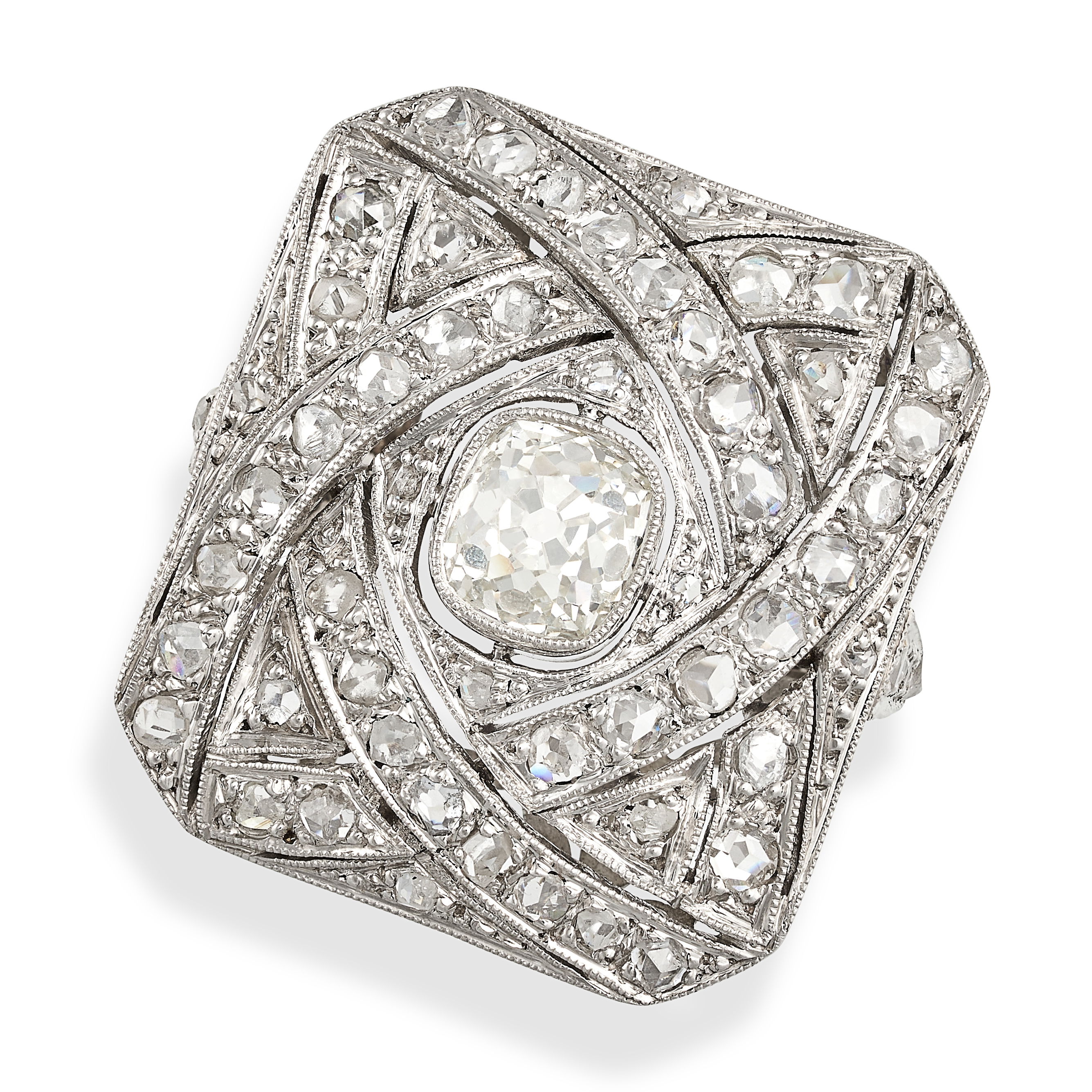 AN ART DECO STYLE PLAQUE RING in white gold, set with an old mine cut diamond of approximately 1....