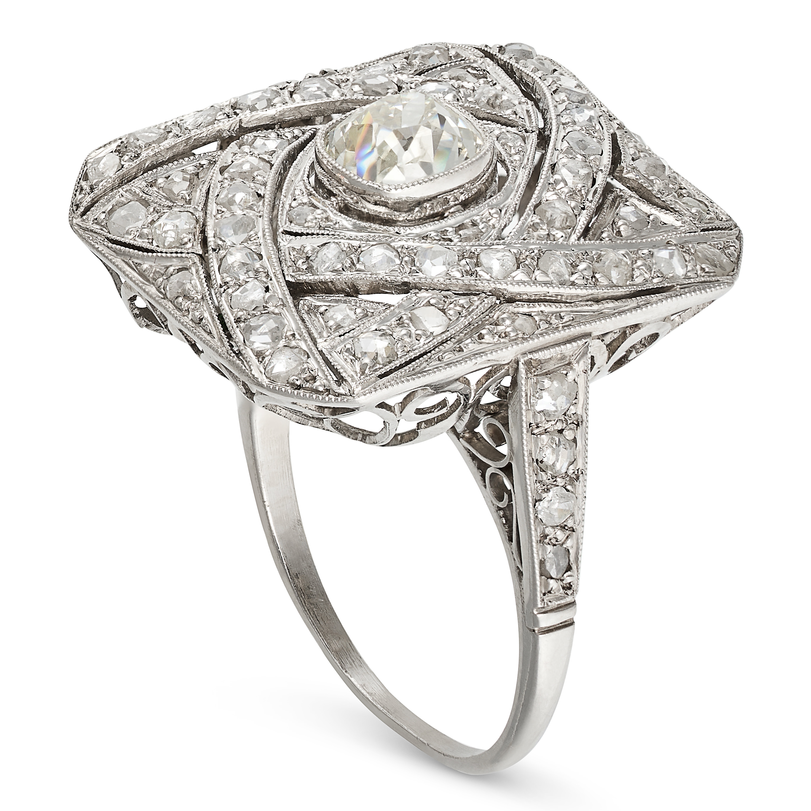 AN ART DECO STYLE PLAQUE RING in white gold, set with an old mine cut diamond of approximately 1.... - Image 2 of 2