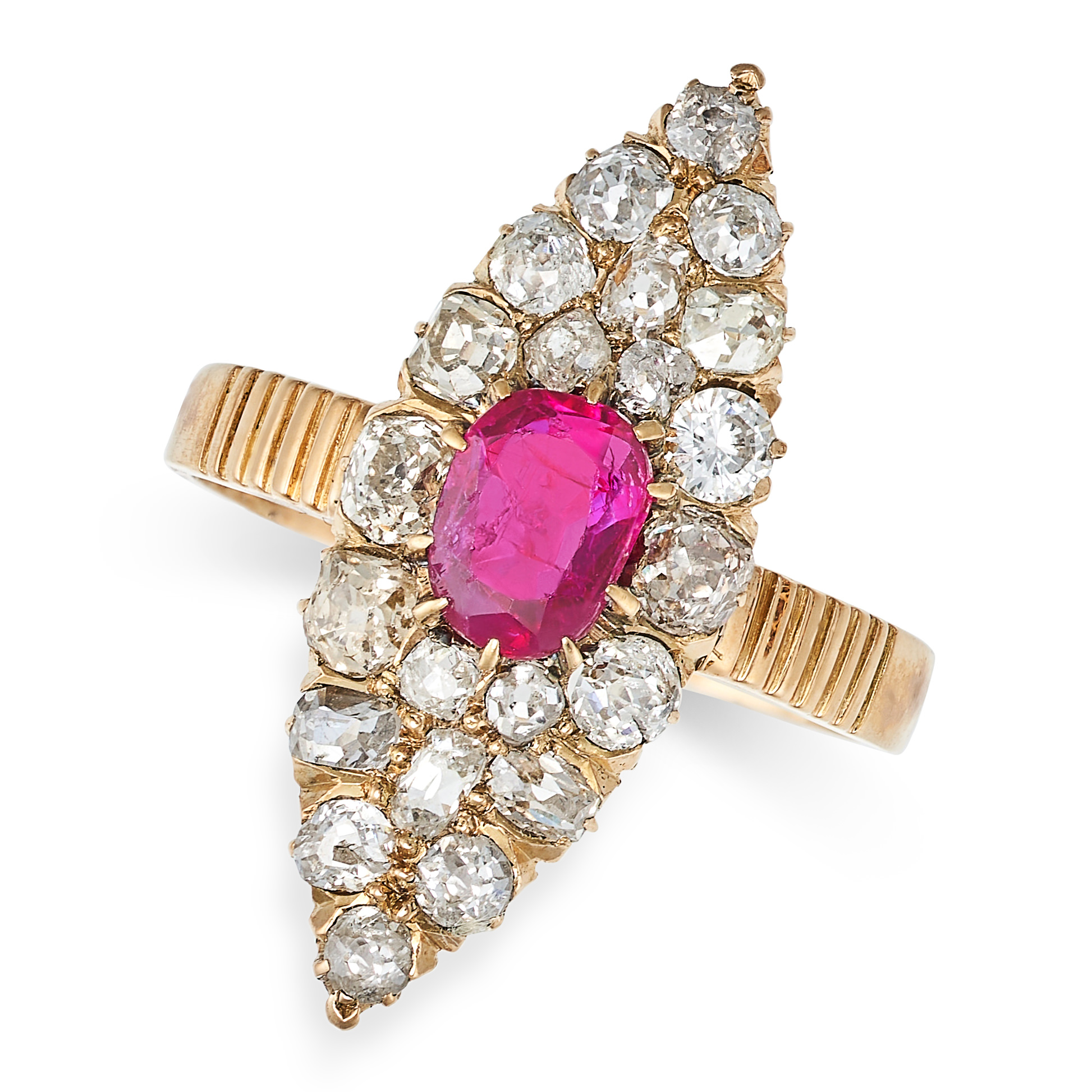 AN ANTIQUE RUBY AND DIAMOND NAVETTE RING in 18ct yellow gold, set with an oval cut ruby of approx...