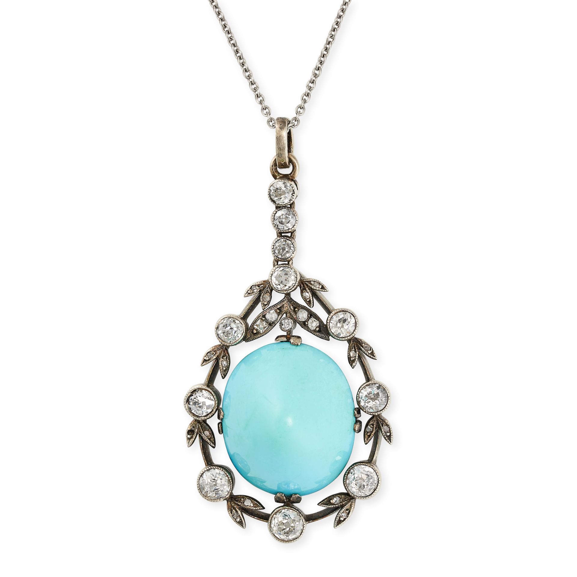 AN ANTIQUE TURQUOISE AND DIAMOND PENDANT NECKLACE the pendant comprising a row of old cut diamond...