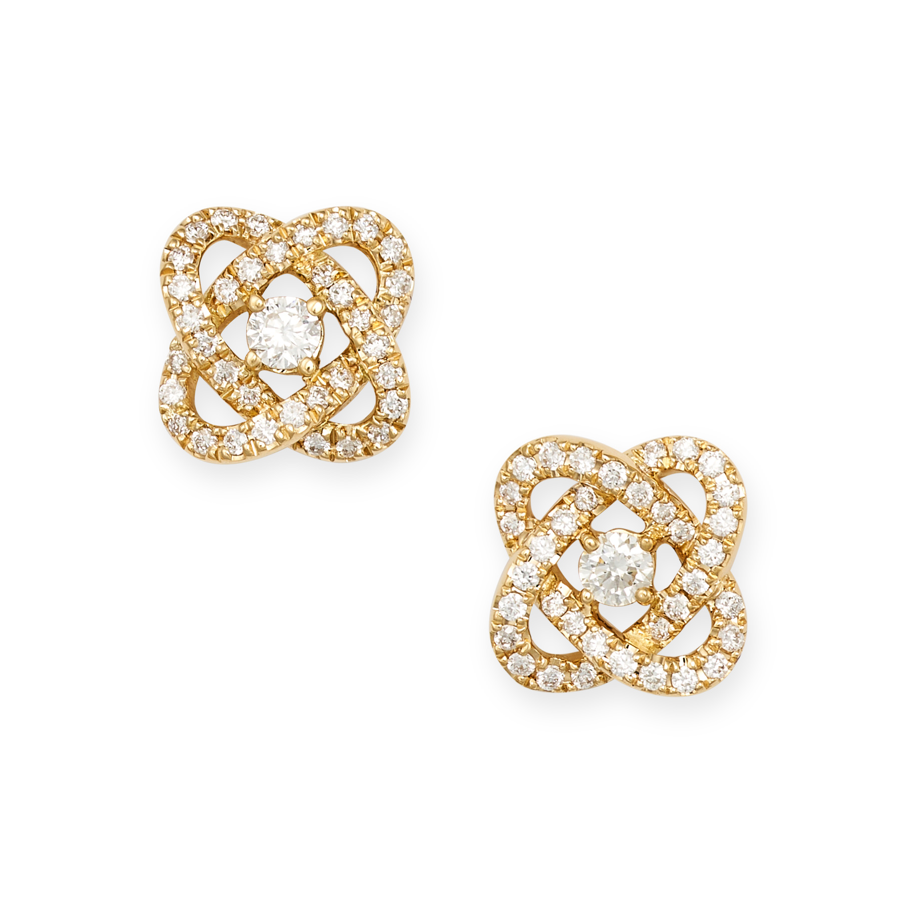 A PAIR OF DIAMOND KNOT EARRINGS in 18ct yellow gold, set to the centre with a round brilliant cut...