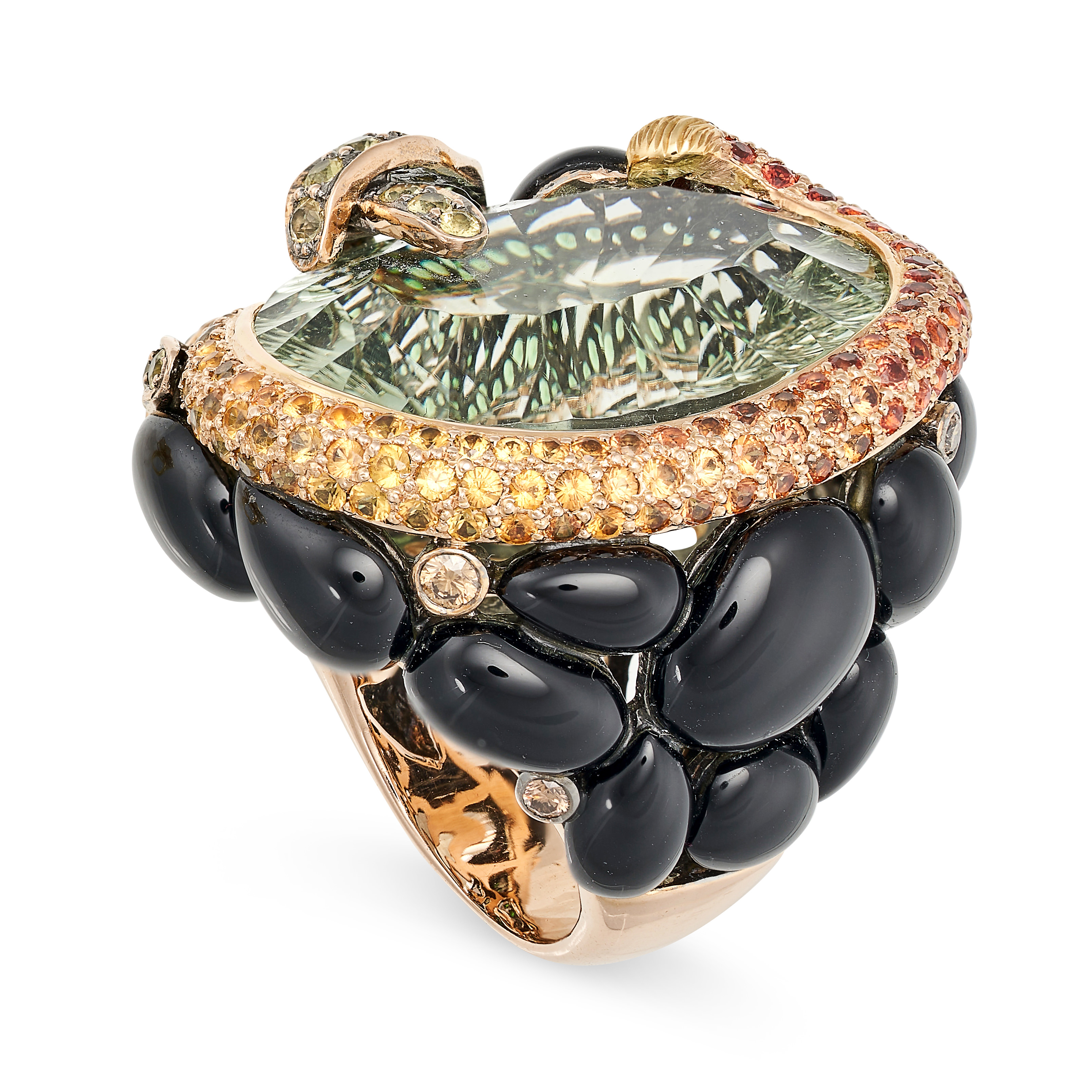 A PRASIOLITE, ONYX, GARNET AND DIAMOND COCKTAIL RING in 18ct rose gold, set with an oval fancy mi... - Image 3 of 3