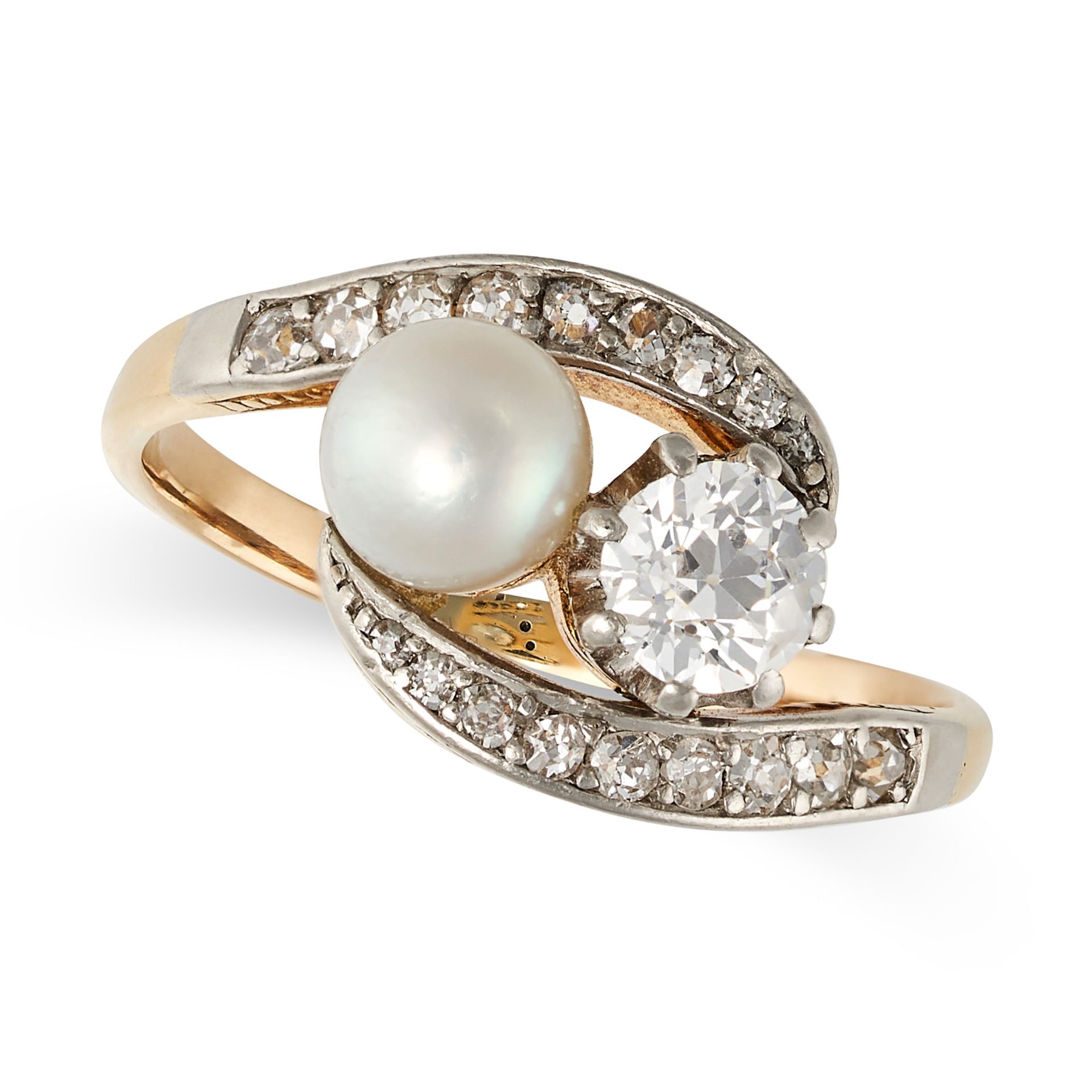 AN ANTIQUE DIAMOND AND PEARL TOI ET MOI RING in 14ct yellow gold and platinum, set with an old cu...