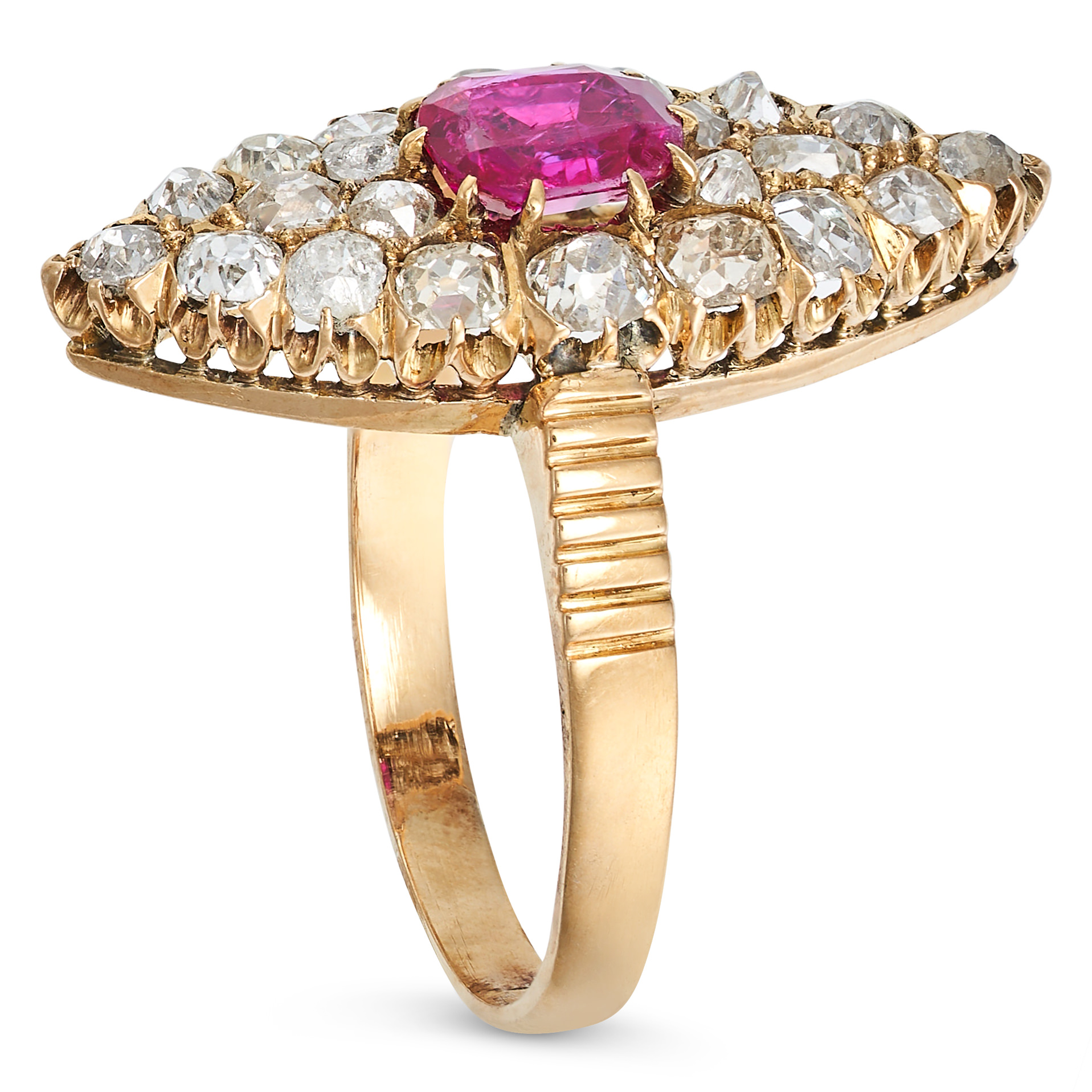 AN ANTIQUE RUBY AND DIAMOND NAVETTE RING in 18ct yellow gold, set with an oval cut ruby of approx... - Image 2 of 2