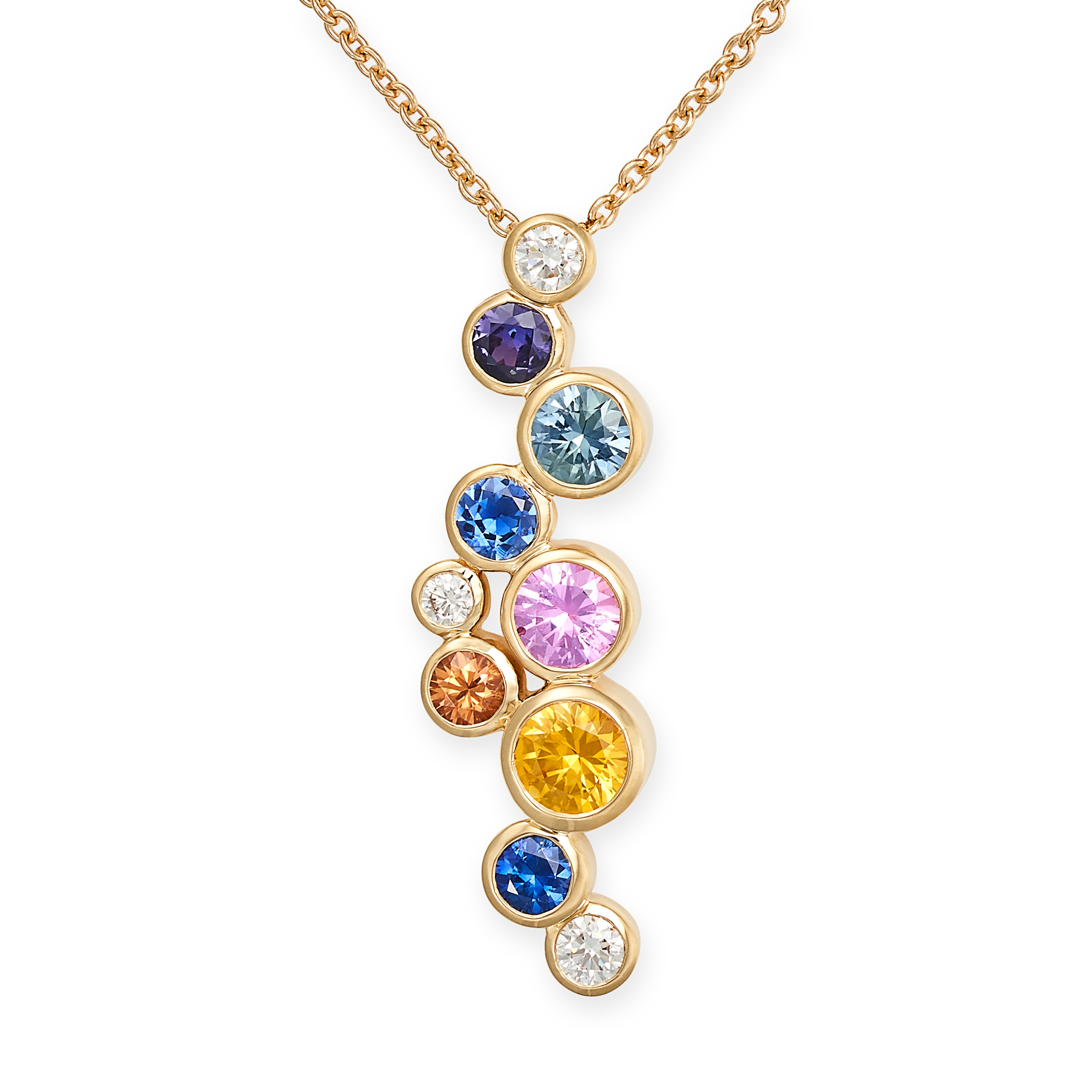 A MULTICOLOURED SAPPHIRE AND DIAMOND BUBBLE PENDANT NECKLACE in 18ct yellow gold, the pendant set...