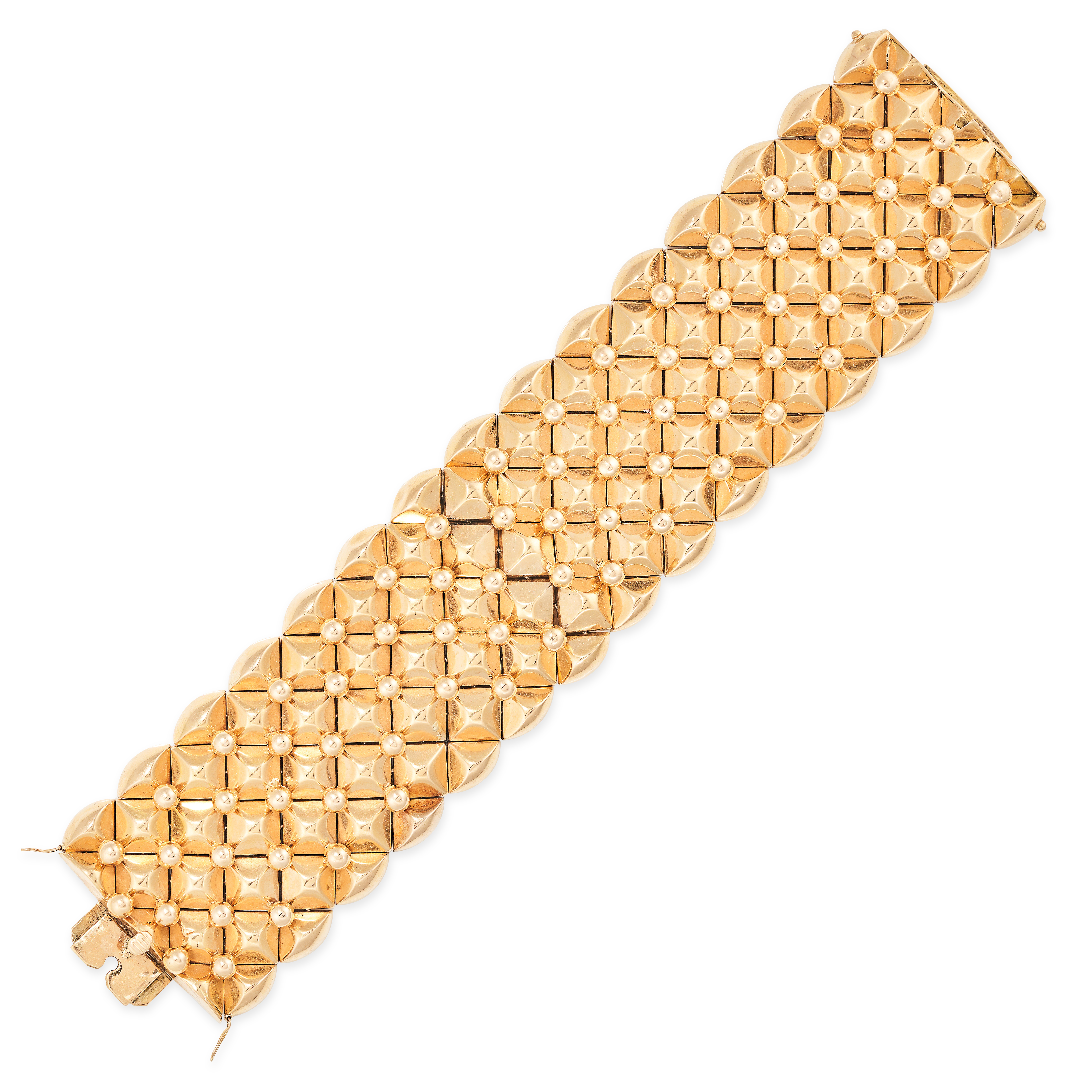 A VINTAGE GOLD BRACELET in 18ct yellow gold, comprising rows of articulated domed and beaded link...