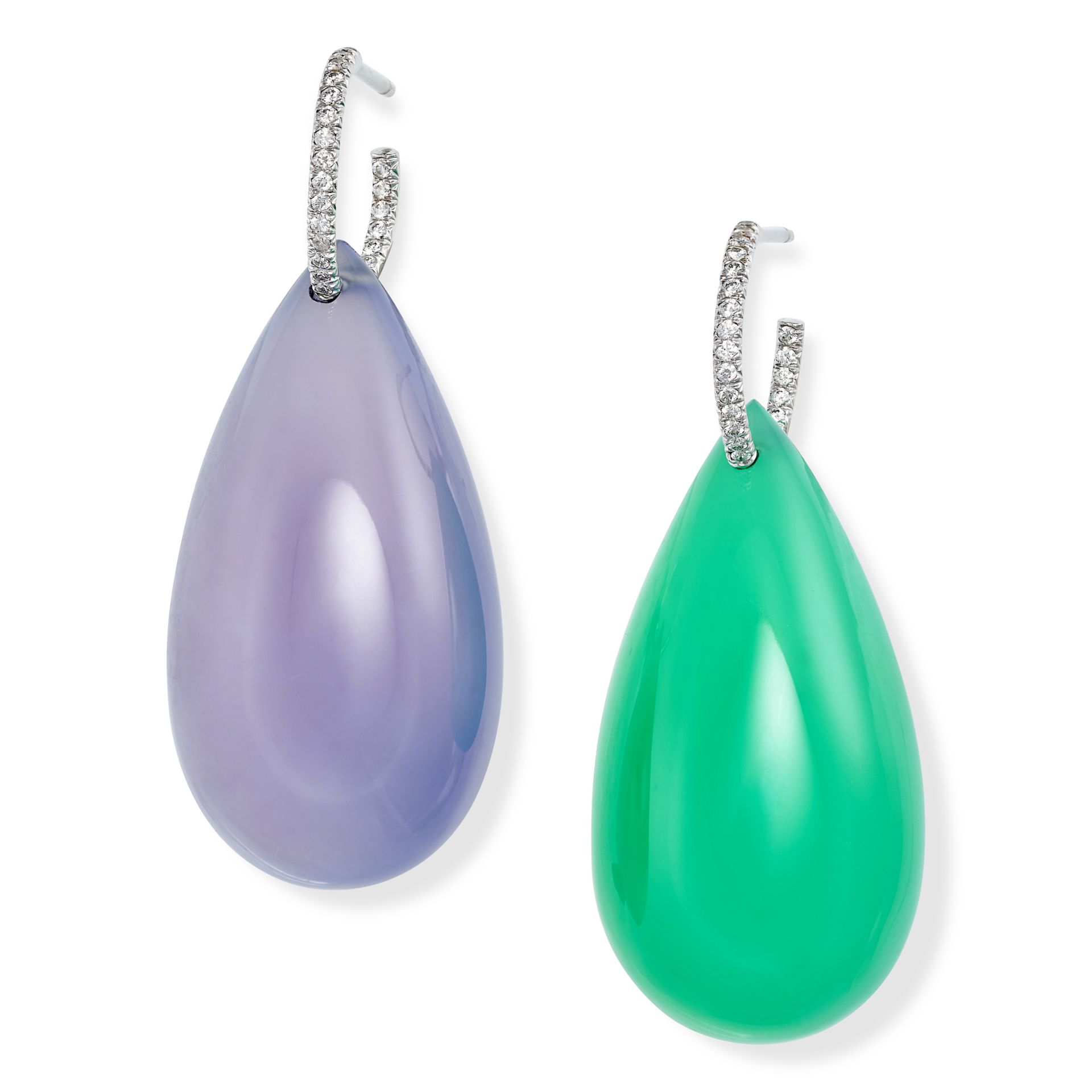 TAFFIN, A PAIR OF CHALCEDONY AND DIAMOND DROP EARRINGS in 18ct white gold, each earring with a ro...