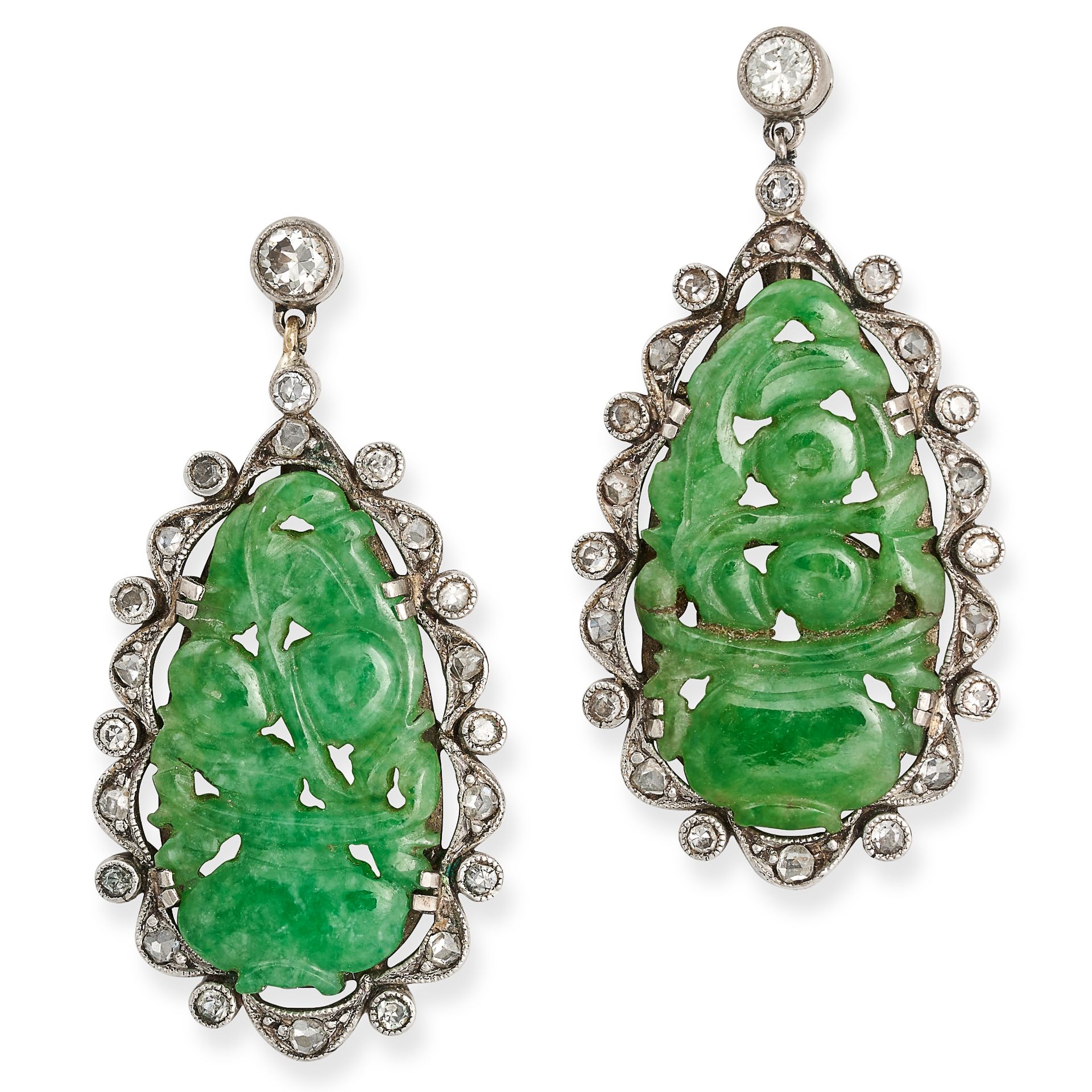 A PAIR OF VINTAGE JADEITE JADE AND DIAMOND DROP EARRINGS in 18ct white gold, each set with a piec...