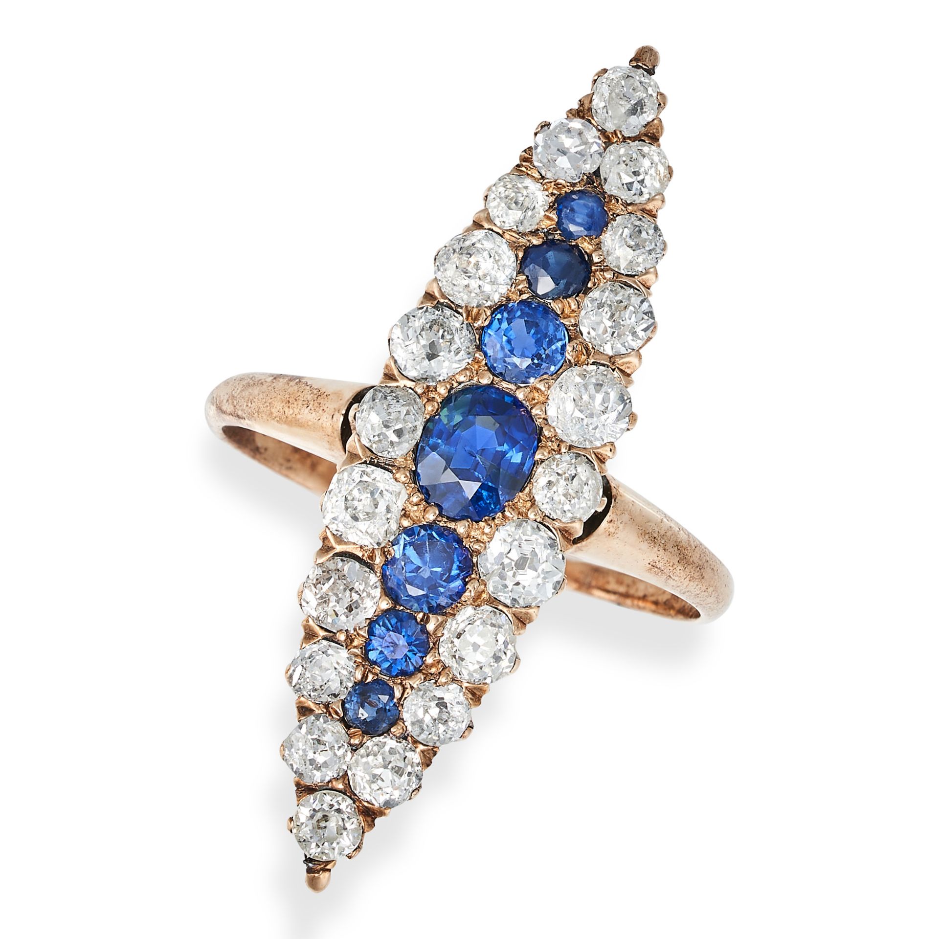 AN ANTIQUE SAPPHIRE AND DIAMOND NAVETTE RING in 15ct yellow gold, set with a row of graduated rou...