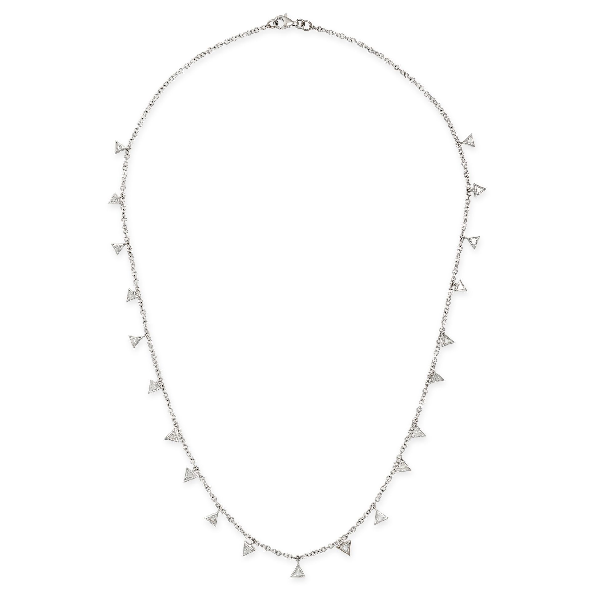 A DIAMOND NECKLACE in 14ct white gold, comprising a trace link chain suspending twenty one trilli...