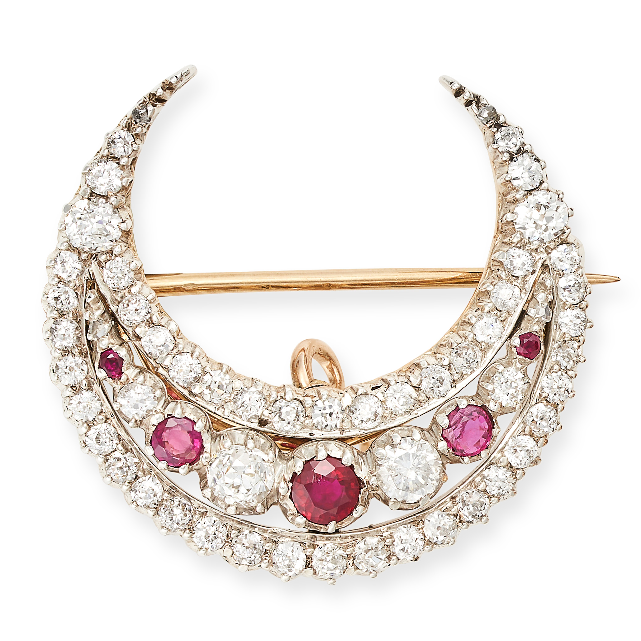 AN ANTIQUE RUBY AND DIAMOND CRESCENT MOON BROOCH in yellow gold and silver, designed as a crescen...