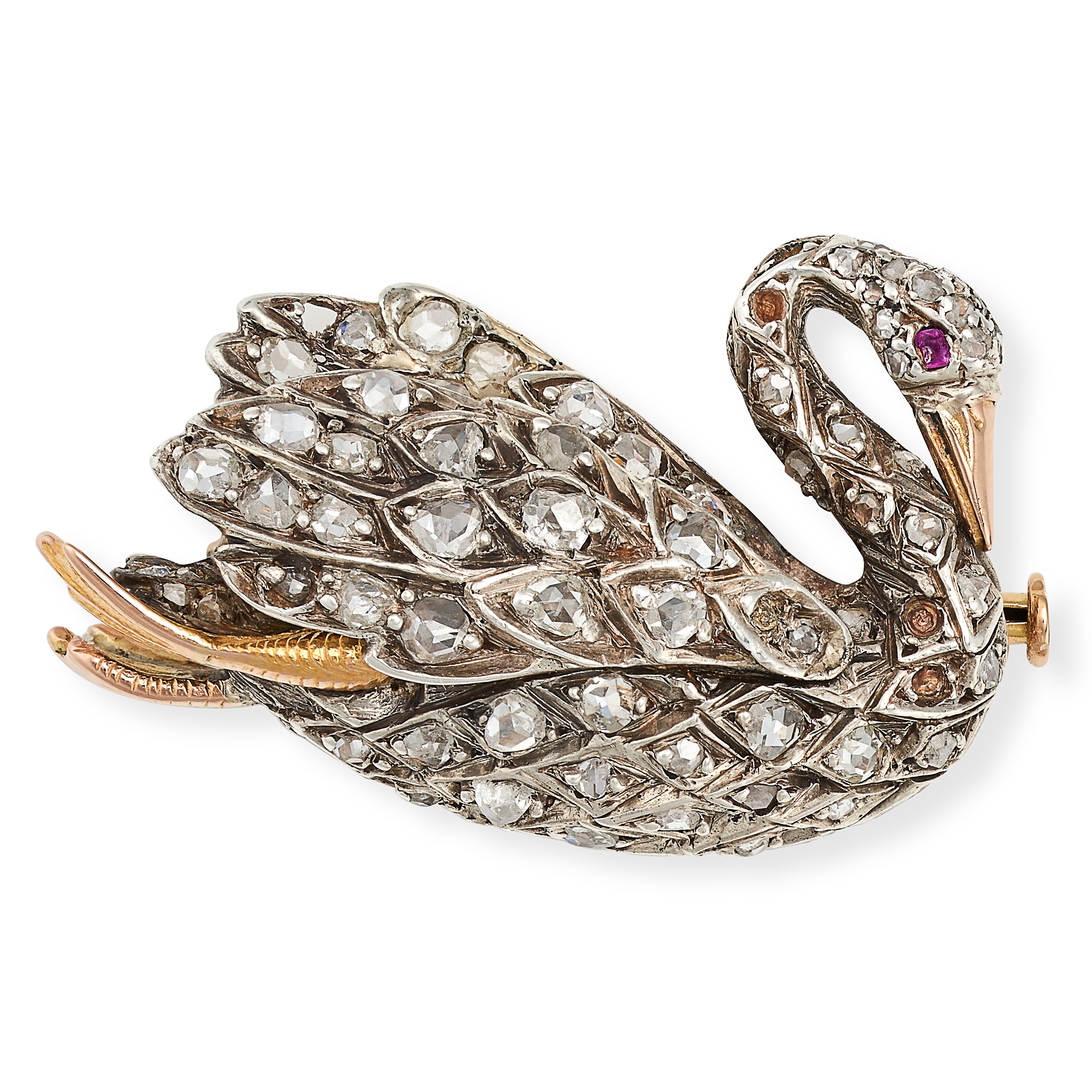 AN ANTIQUE DIAMOND AND RUBY SWAN BROOCH in 18ct yellow gold and silver, set throughout with rose ...