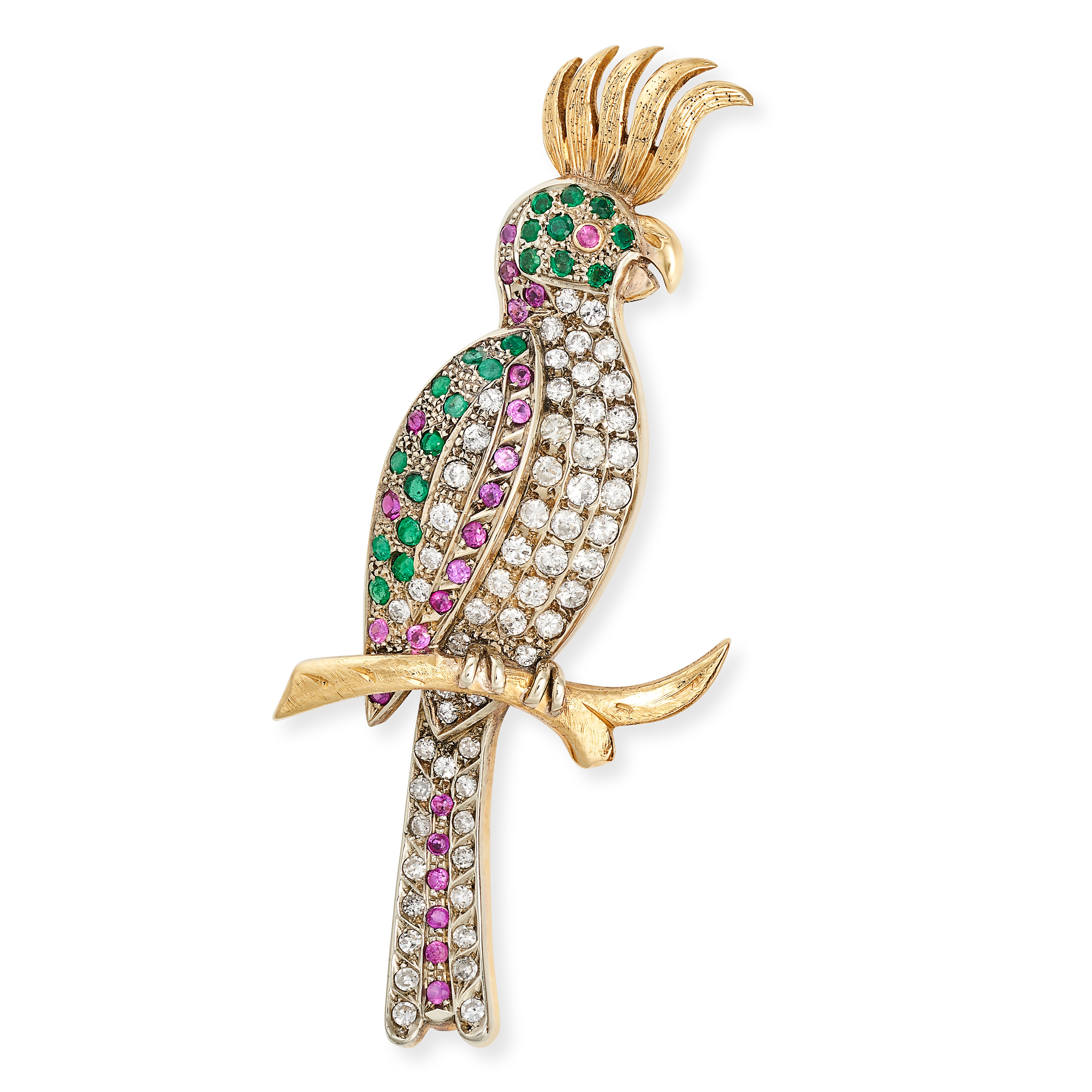 A VINTAGE RUBY, EMERALD AND DIAMOND PARROT BROOCH in 9ct yellow gold, designed as a parrot perche...