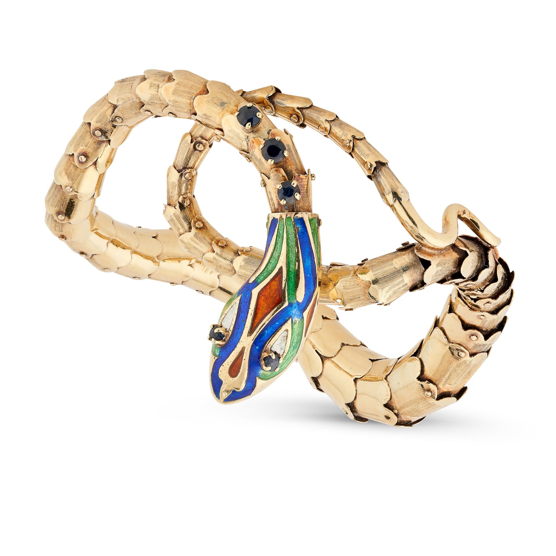 A SAPPHIRE AND ENAMEL SNAKE BRACELET in yellow gold, designed as a snake, the articulated body le...