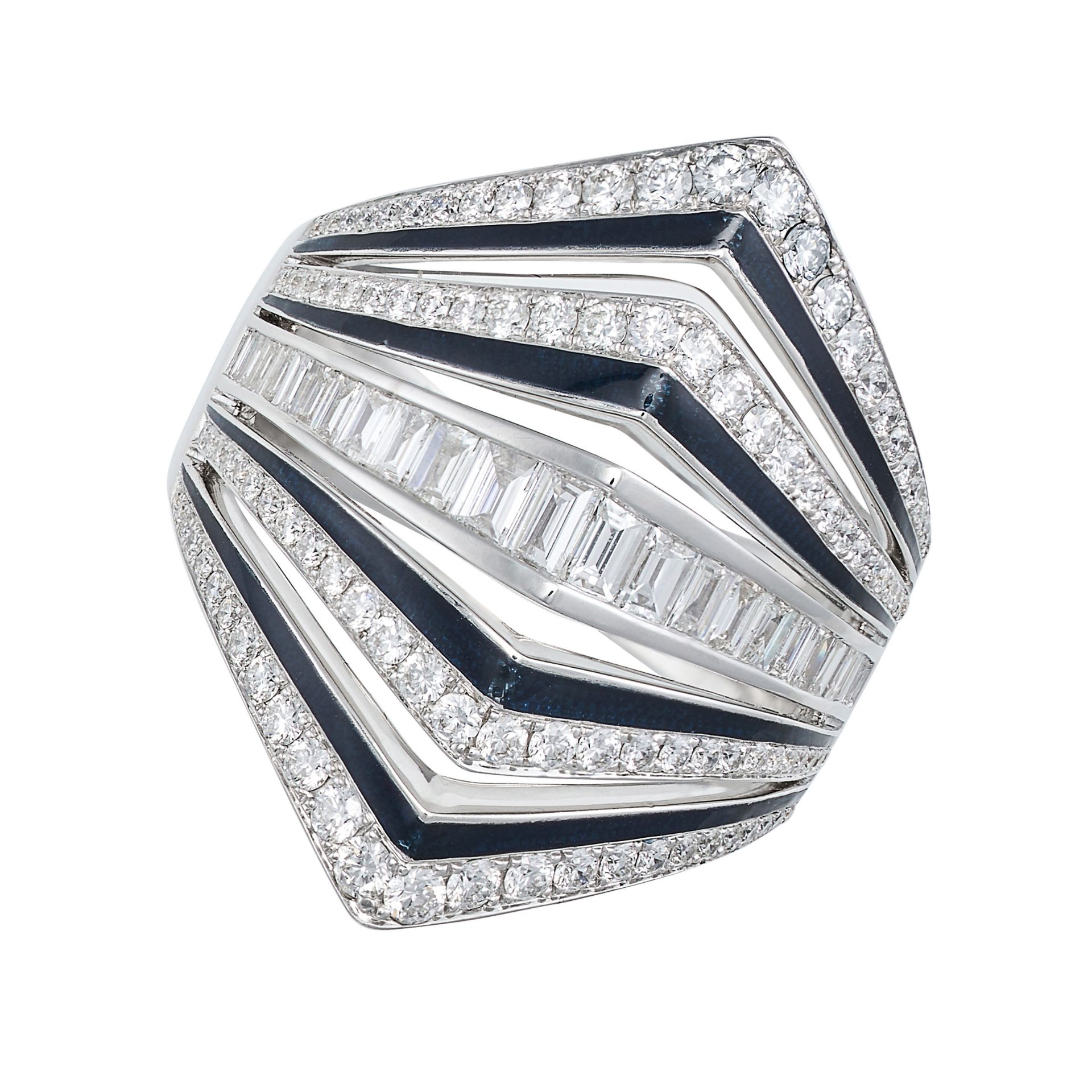 STEPHEN WEBSTER, A DIAMOND AND ENAMEL DRESS RING in 18ct white gold, the stylised geometric ring ...