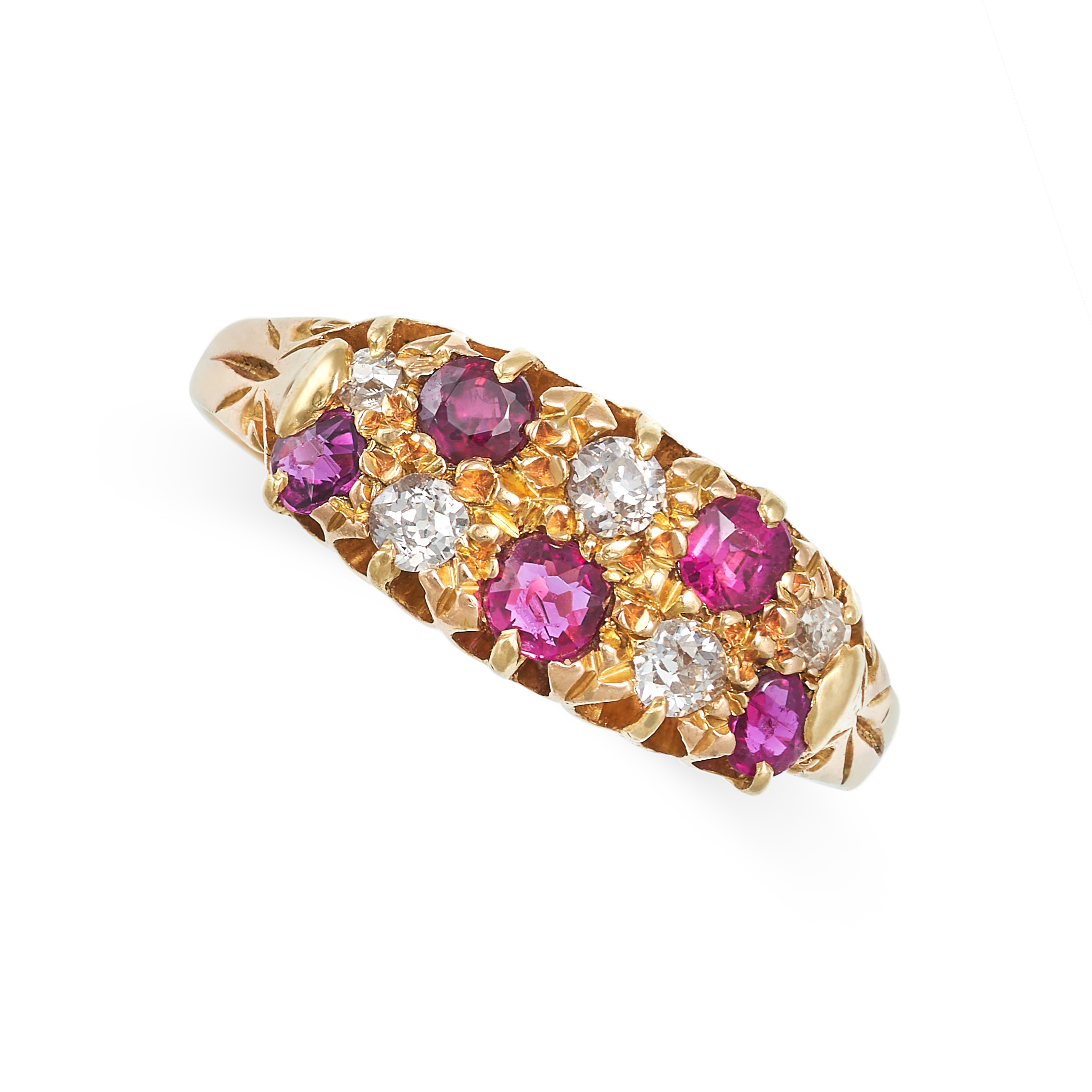 AN ANTIQUE RUBY AND DIAMOND CHECKERBOARD RING in 18ct yellow gold, set with two rows of alternati...