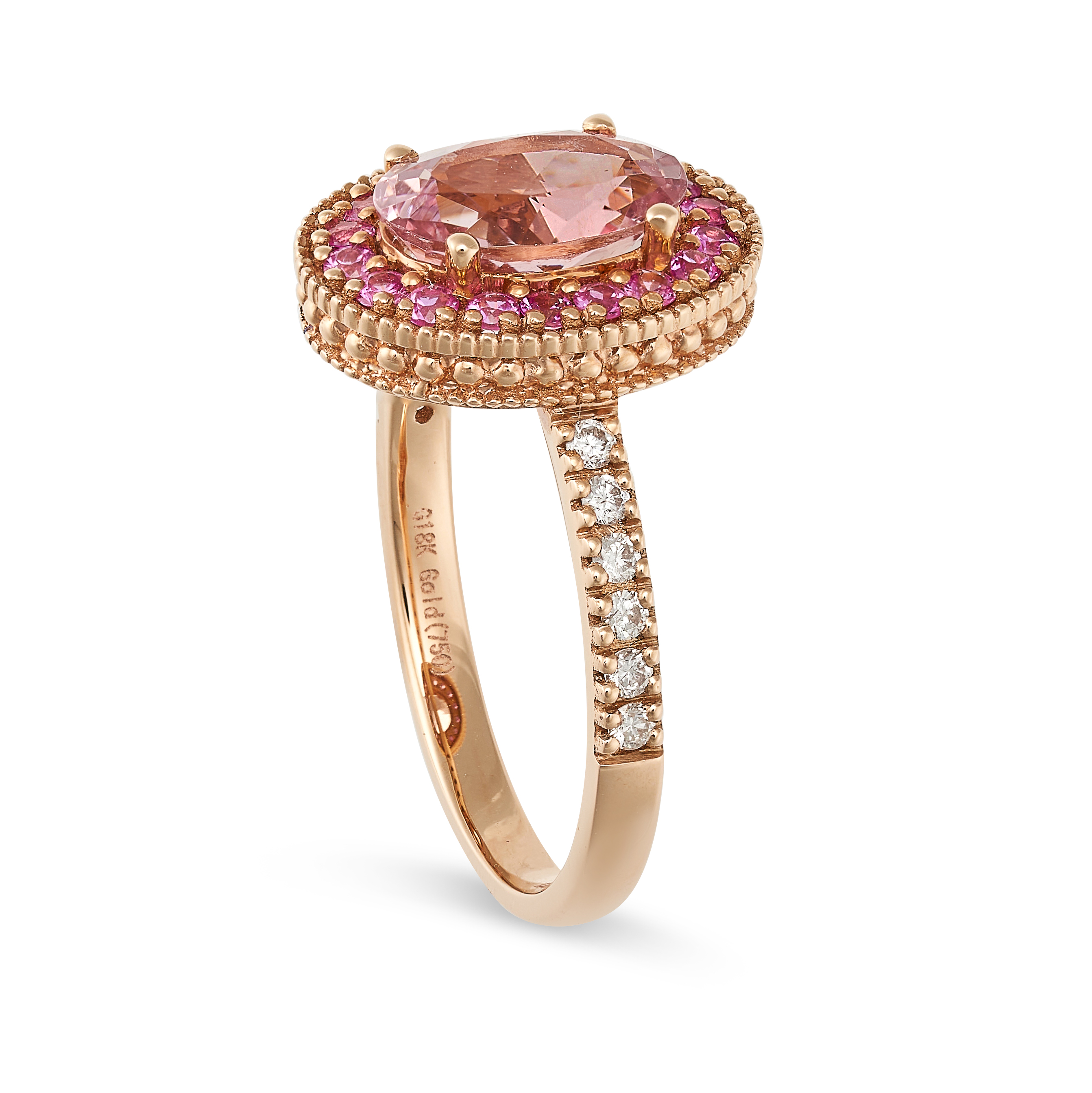 A MORGANITE, PINK SAPPHIRE AND DIAMOND DRESS RING in 18ct rose gold, set with an oval cut morgani... - Image 2 of 4