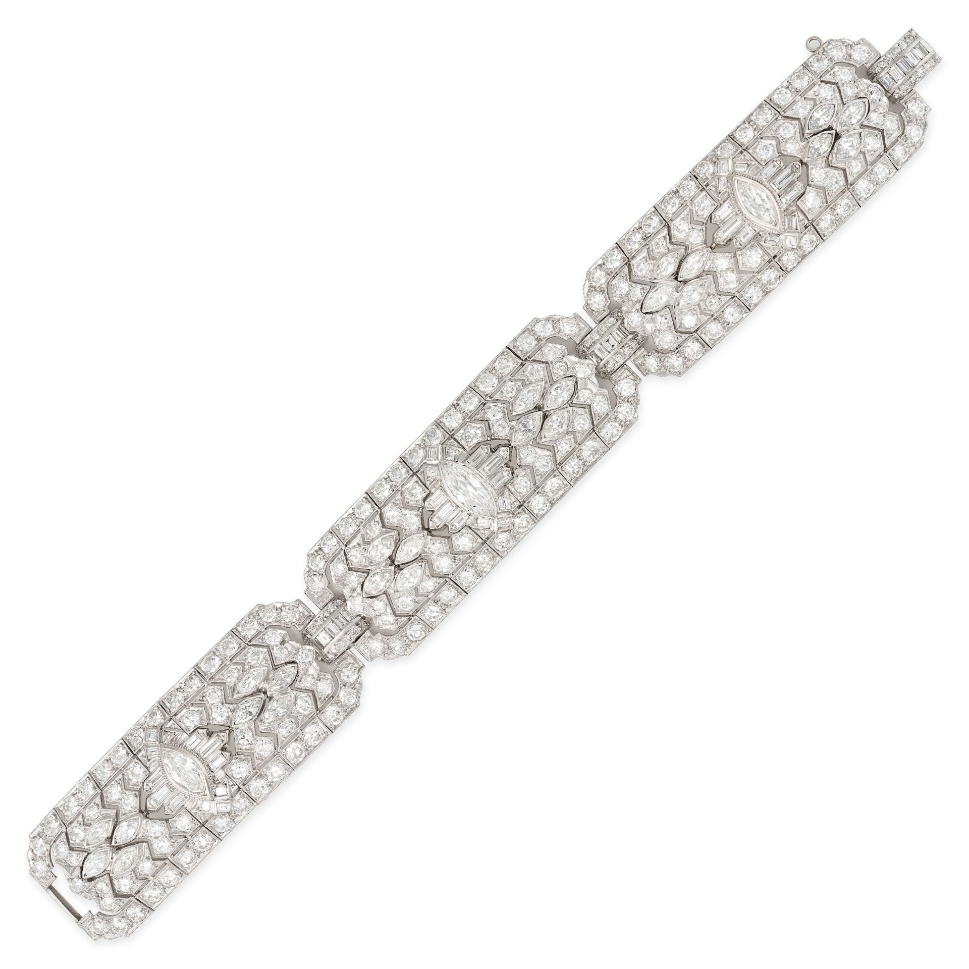 A VINTAGE DIAMOND BRACELET in platinum, comprising three openwork sections set with marquise, bag...