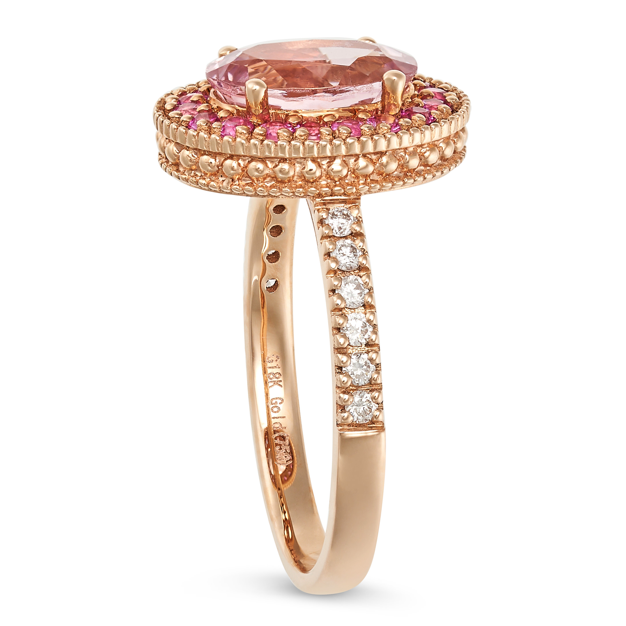 A MORGANITE, PINK SAPPHIRE AND DIAMOND DRESS RING in 18ct rose gold, set with an oval cut morgani... - Image 4 of 4