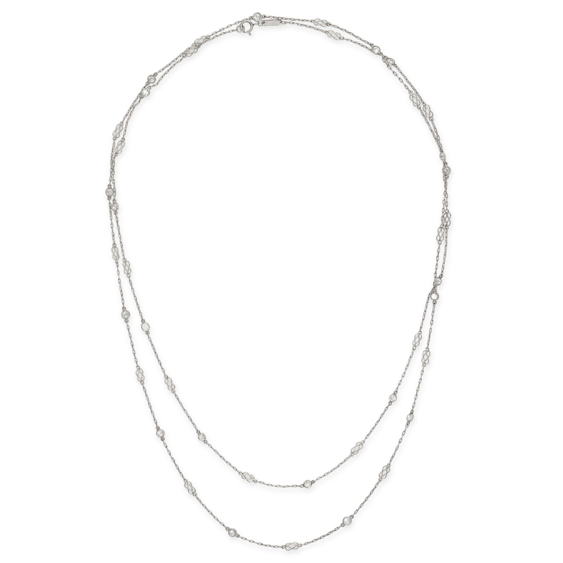 A DIAMOND SAUTOIR NECKLACE in platinum, the chain set with alternating round cut diamonds and lov...