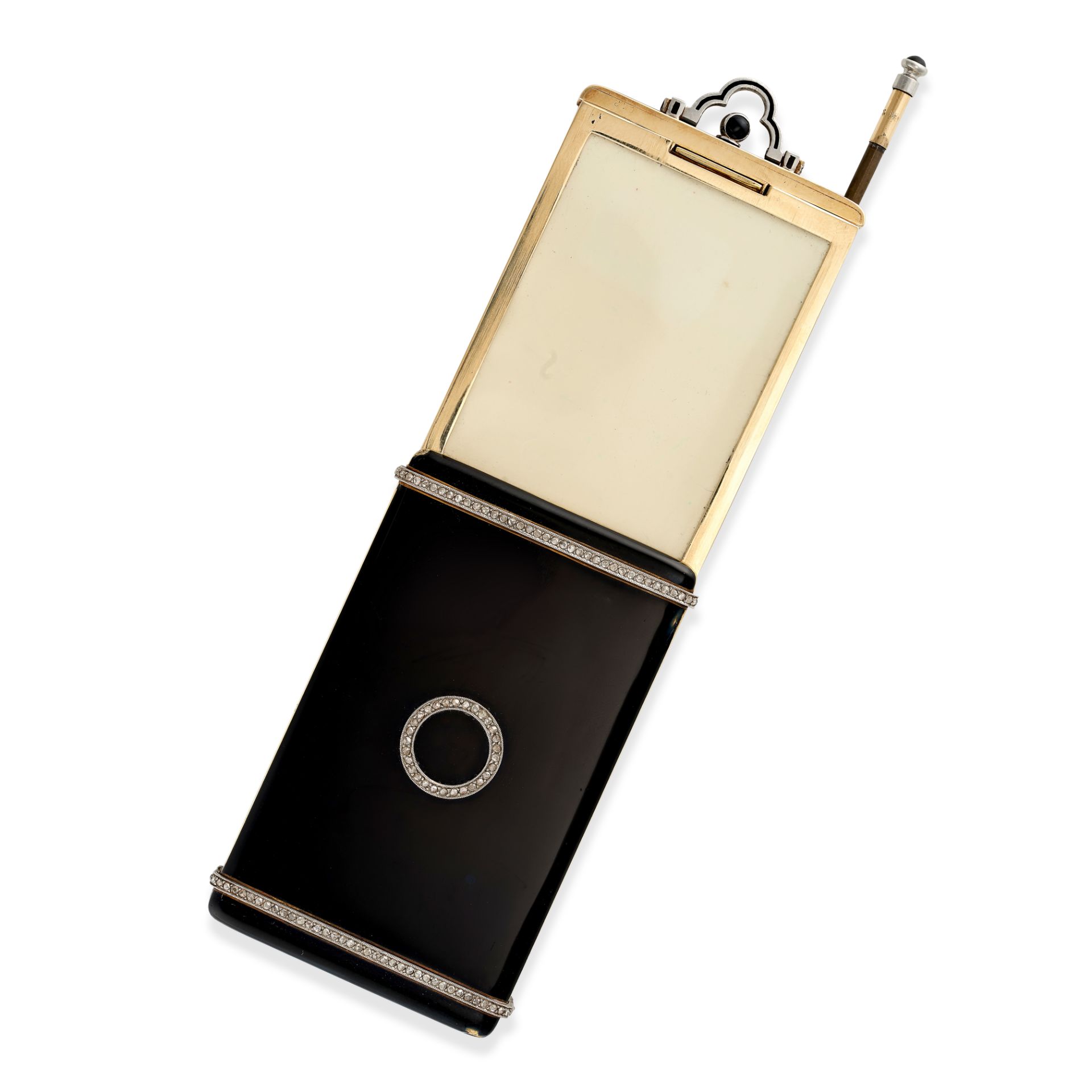 AN ART DECO LACQUER, DIAMOND AND SAPPHIRE MINAUDIERE in yellow gold, the rectangular body in blac... - Bild 2 aus 3