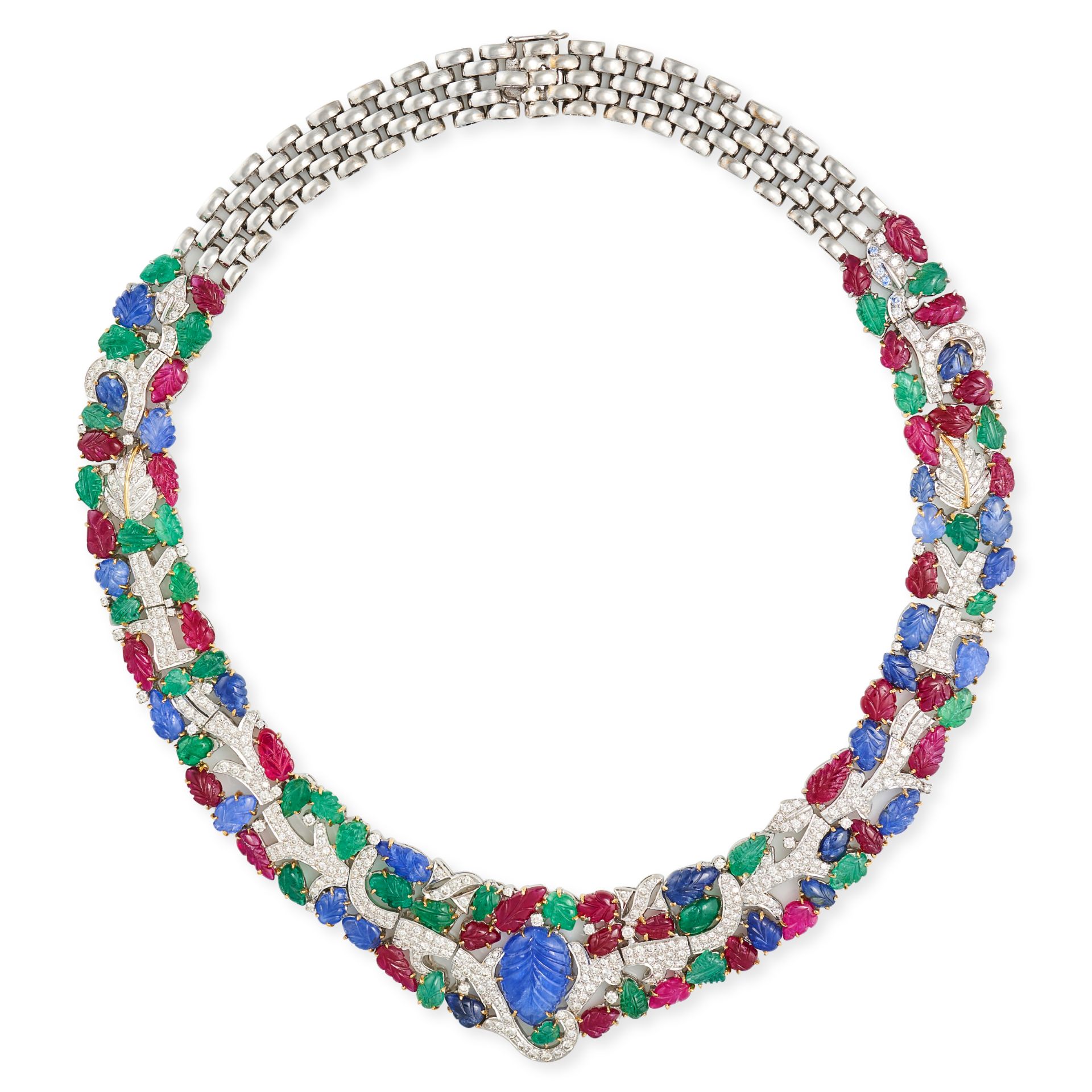 A GEM-SET AND DIAMOND TUTTI FRUTTI NECKLACE in white gold, of foliate design, set throughout with...