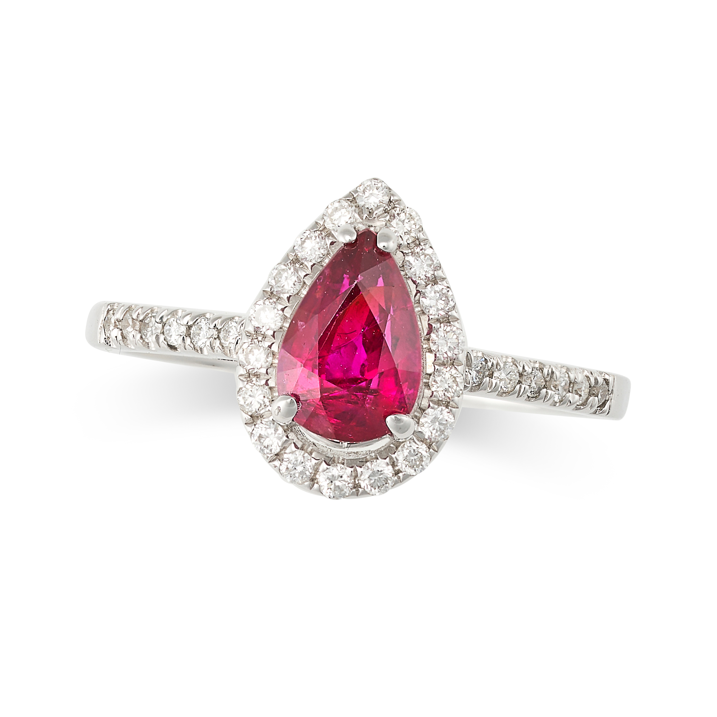 A BURMA NO HEAT RUBY AND DIAMOND CLUSTER RING in 18ct white gold, set with a pear cut ruby of 1.2...