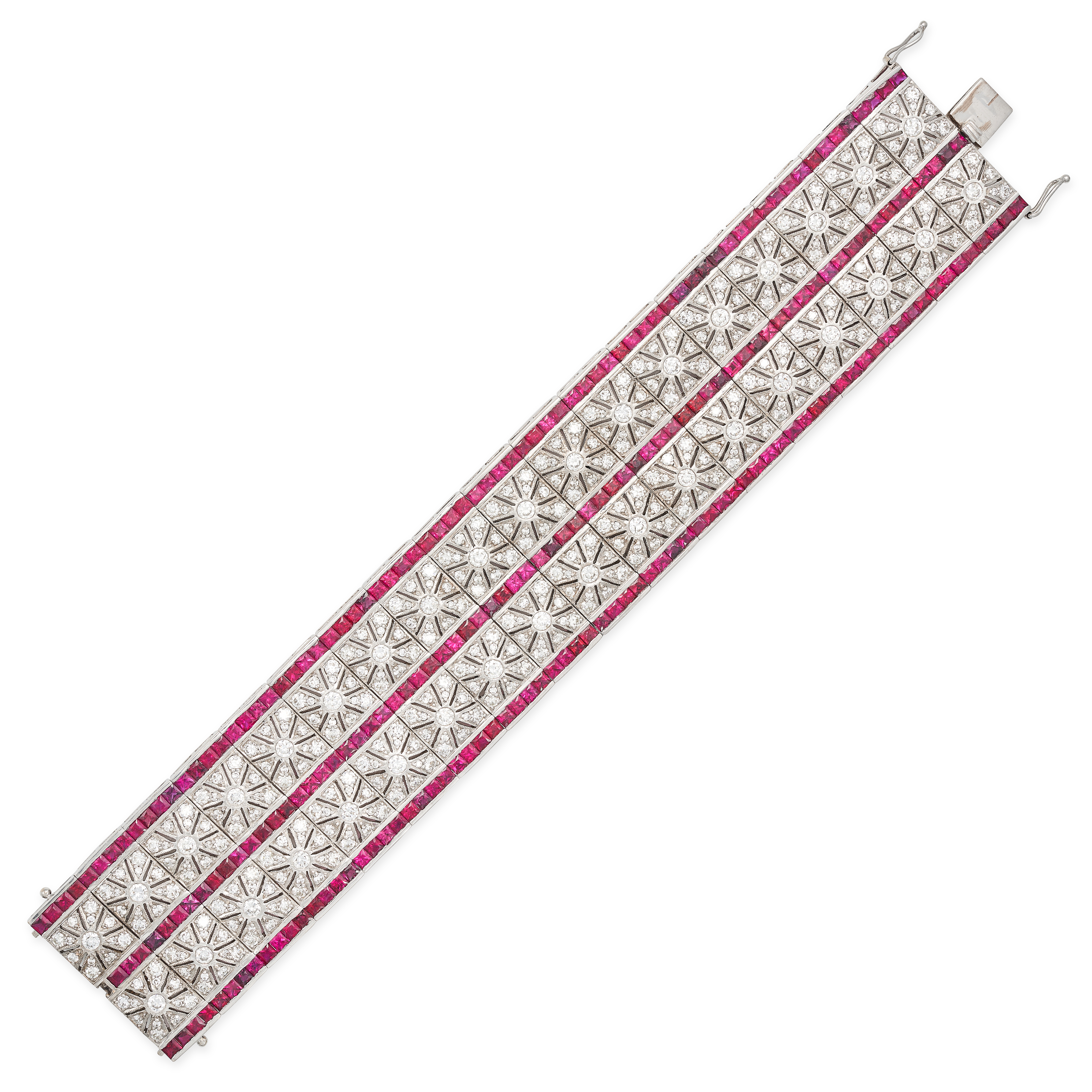A DIAMOND AND SYNTHETIC RUBY BRACELET in 18ct white gold, comprising articulated links set with c...