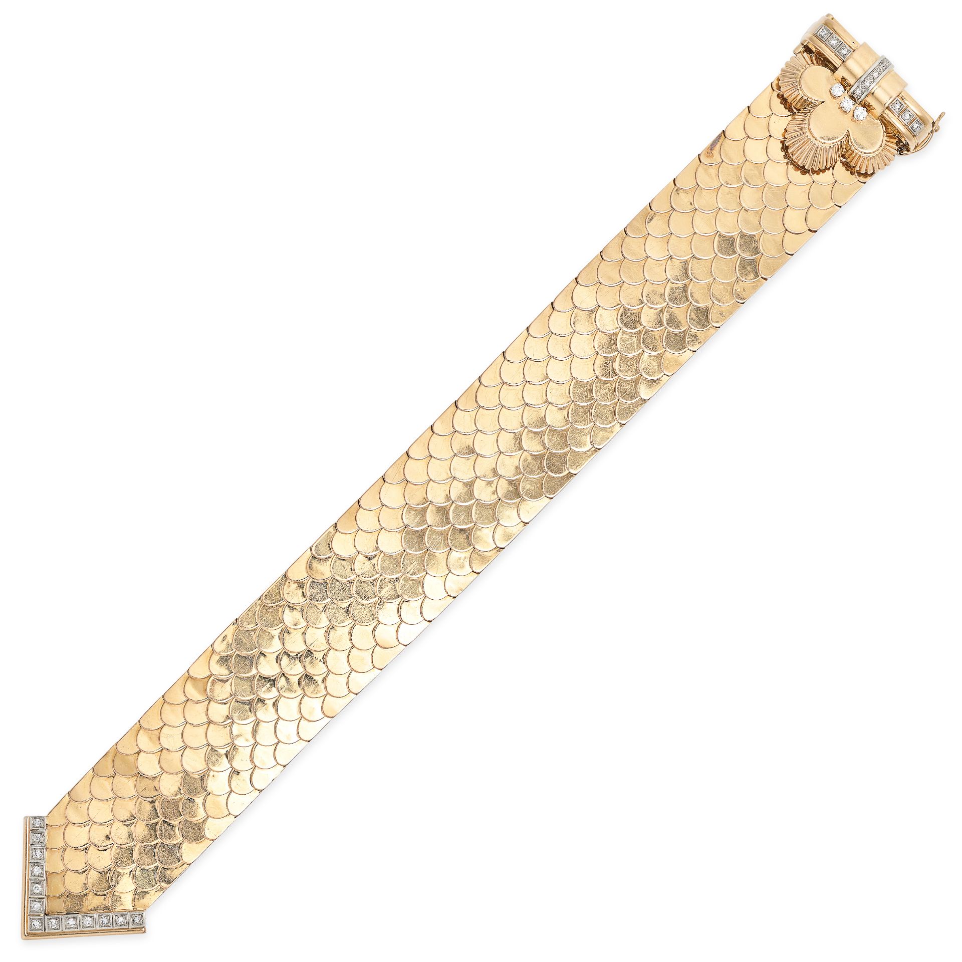 A FRENCH RETRO DIAMOND BELT BRACELET in 18ct yellow gold and platinum, comprising articulated sca...