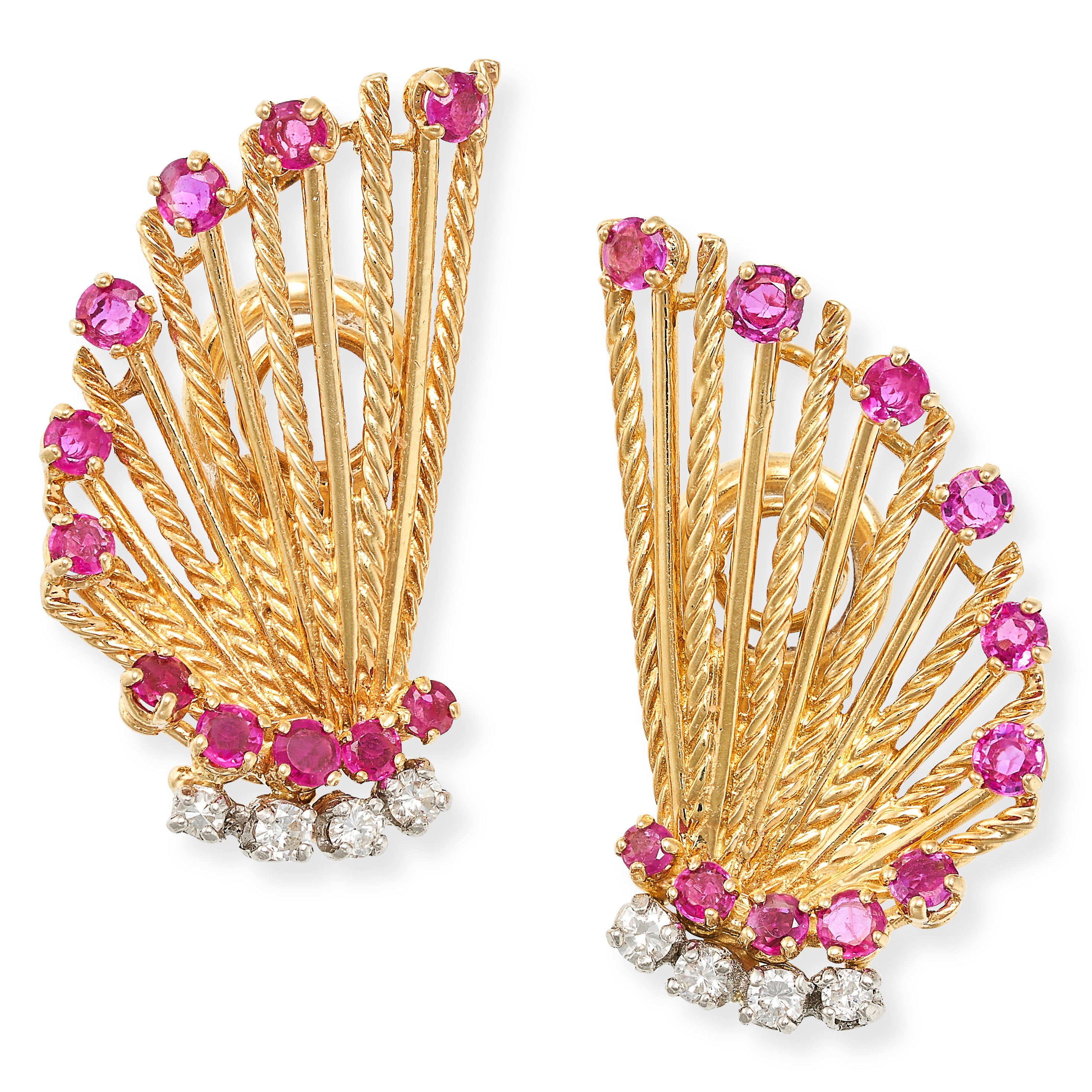 KUTCHINSKY, A PAIR OF VINTAGE RUBY AND DIAMOND EARRINGS in 18ct yellow gold, each designed as a s...