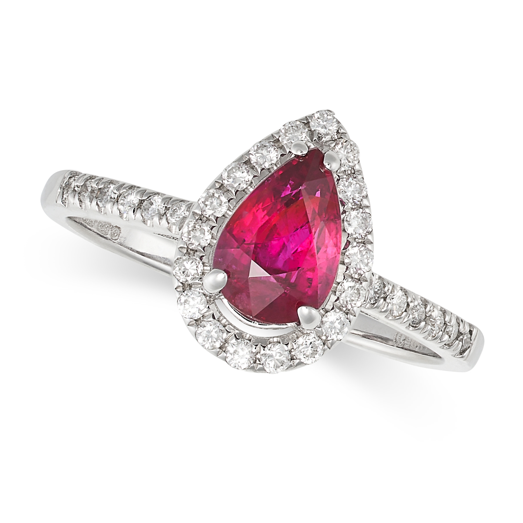 A BURMA NO HEAT RUBY AND DIAMOND CLUSTER RING in 18ct white gold, set with a pear cut ruby of 1.2... - Image 3 of 4