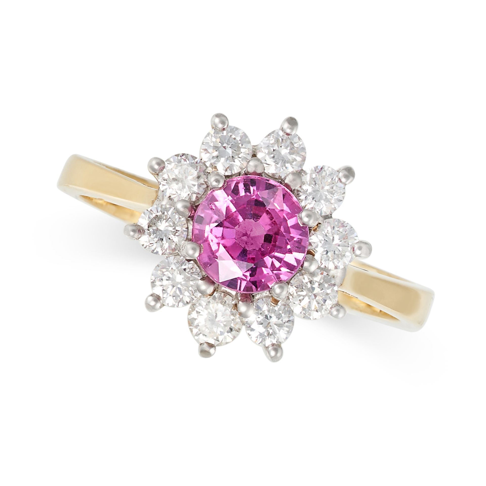 A PINK SAPPHIRE AND DIAMOND CLUSTER RING in 18ct yellow gold, set with a round cut pink sapphire ...