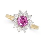 A PINK SAPPHIRE AND DIAMOND CLUSTER RING in 18ct yellow gold, set with a round cut pink sapphire ...