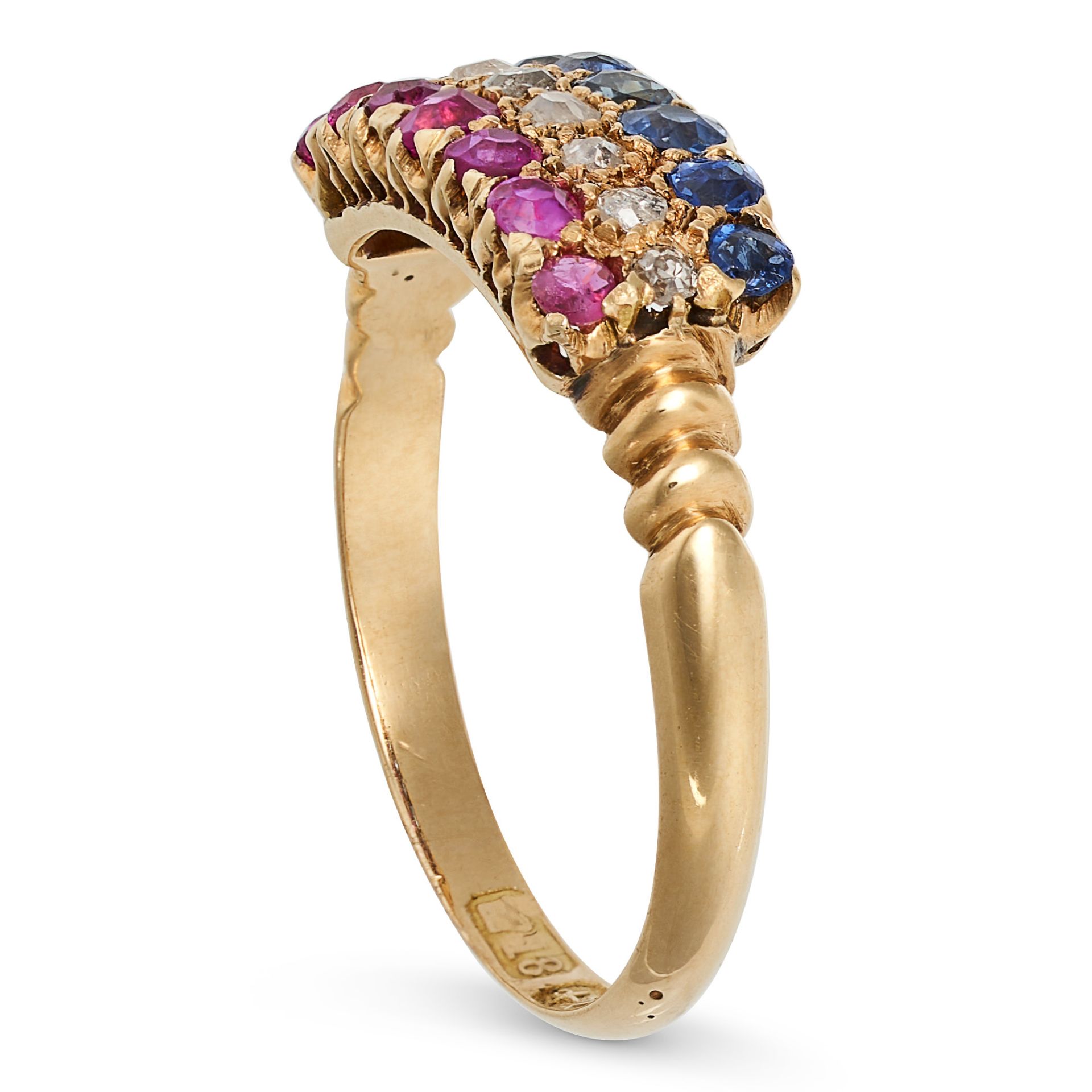 AN ANTIQUE VICTORIAN RUBY, DIAMOND, AND SAPPHIRE RING in 18ct yellow gold, set with three rows of... - Bild 2 aus 2