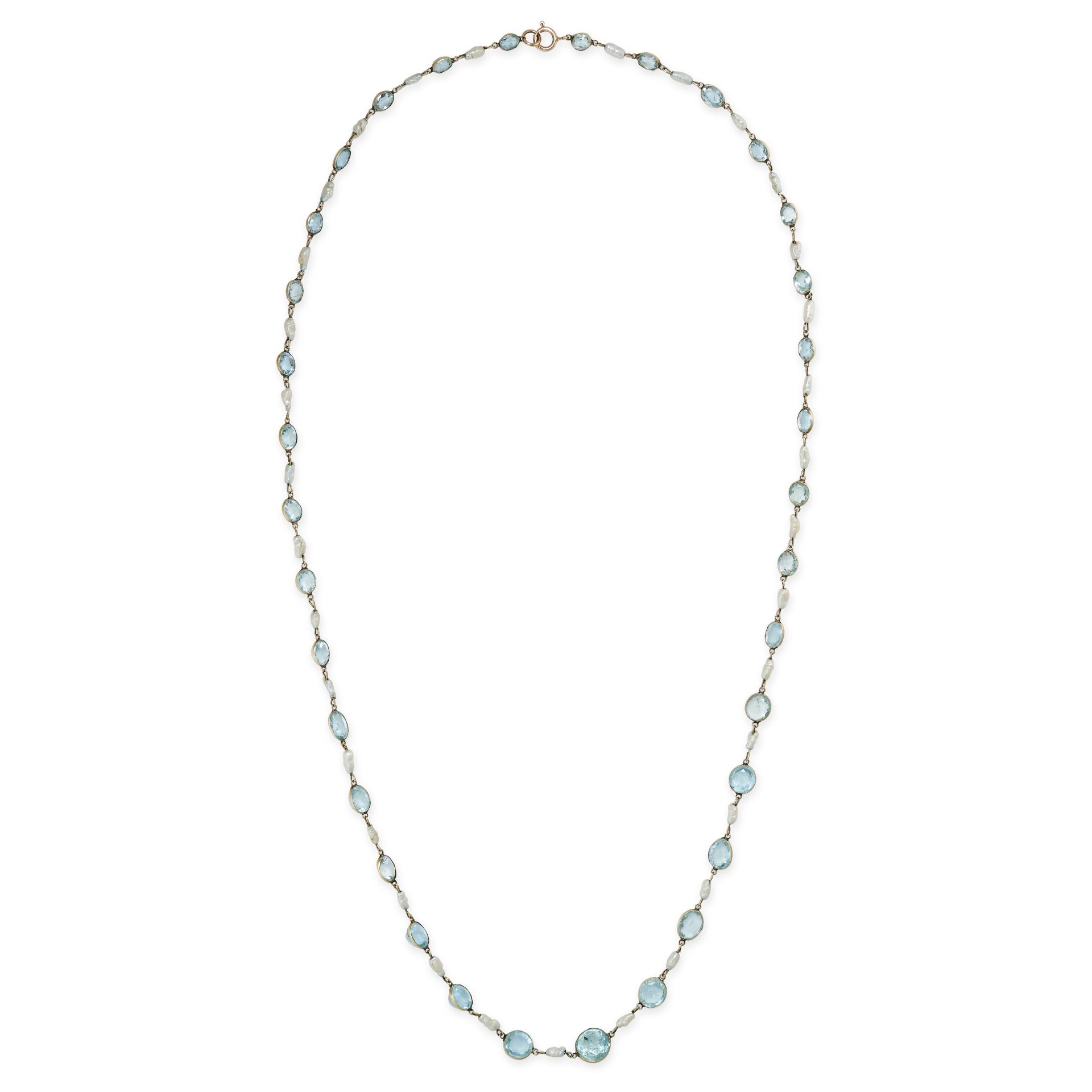A VINTAGE AQUAMARINE AND PEARL NECKLACE in 9ct yellow gold, comprising a row of graduating round ...