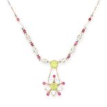 NO RESERVE - AN ANTIQUE PERIDOT, RUBY, PEARL AND ENAMEL NECKLACE in yellow gold, set with a centr...