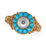 AN ANTIQUE PEARL, TURQUOISE AND DIAMOND CLUSTER RING in yellow gold, set with a pearl with an app...