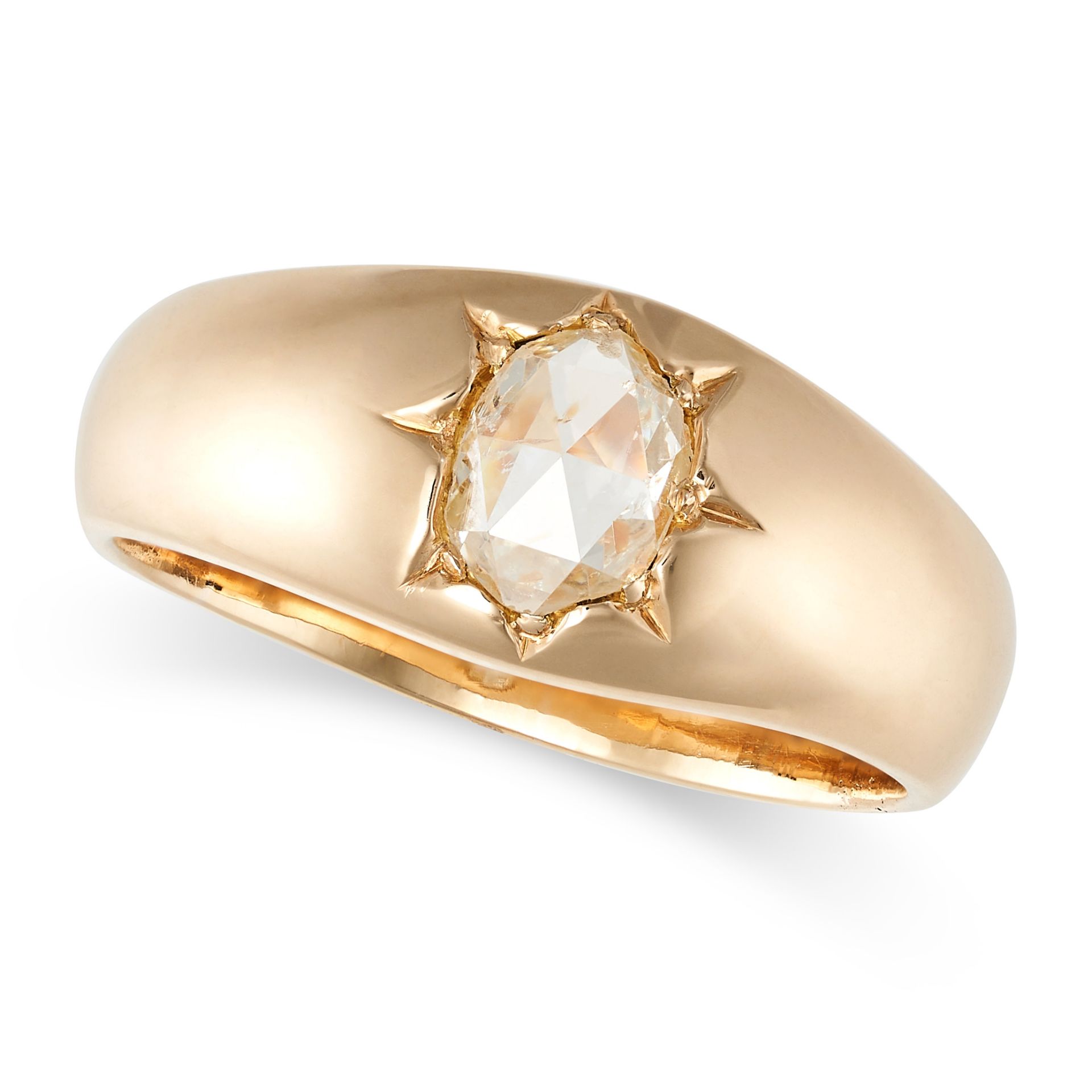 A DIAMOND GYPSY RING in 18ct yellow gold, set with a rose cut diamond in a star motif, stamped 18...