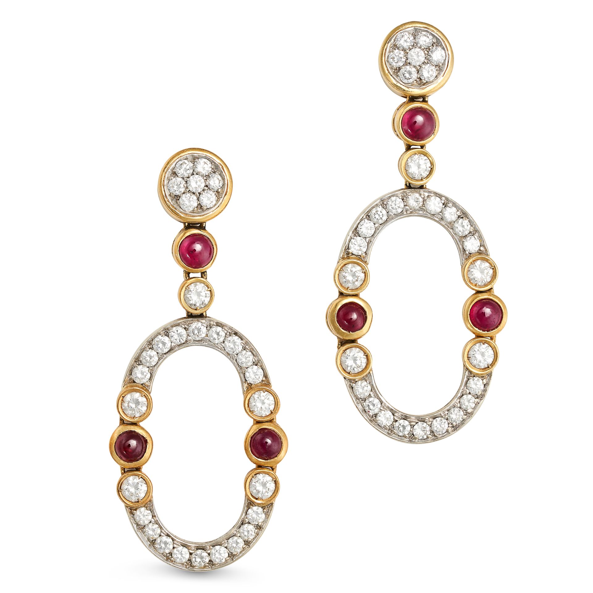 A PAIR OF VINTAGE RUBY AND DIAMOND DROP EARRINGS in 18ct white and yellow gold, set with round br...