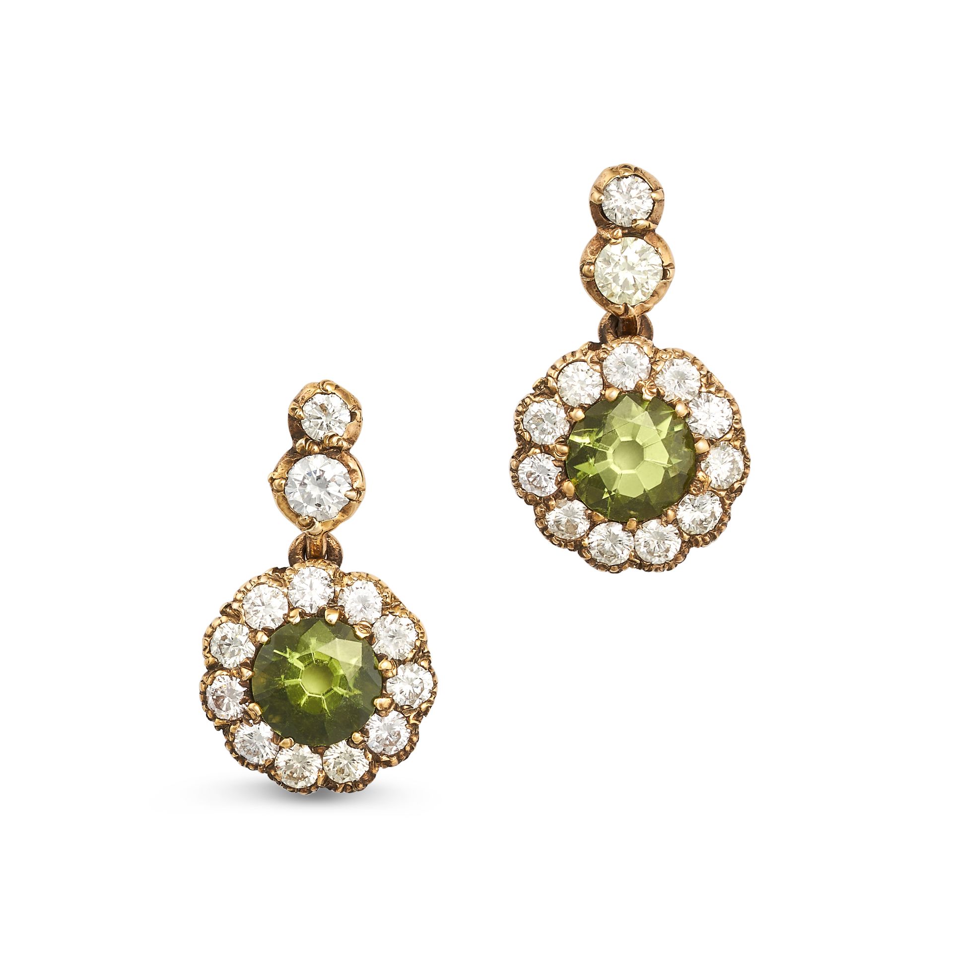 A PAIR OF PERIDOT AND DIAMOND DROP EARRINGS in 18ct yellow gold, each comprising a row of round b...