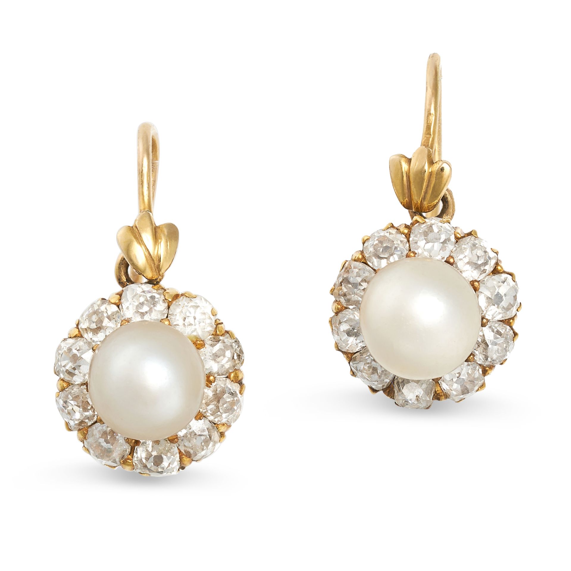 A PAIR OF ANTIQUE PEARL AND DIAMOND EARRINGS, EARLY 20TH CENTURY in yellow gold, each set with a ...