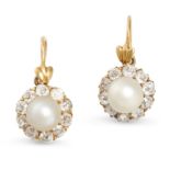 A PAIR OF ANTIQUE PEARL AND DIAMOND EARRINGS, EARLY 20TH CENTURY in yellow gold, each set with a ...